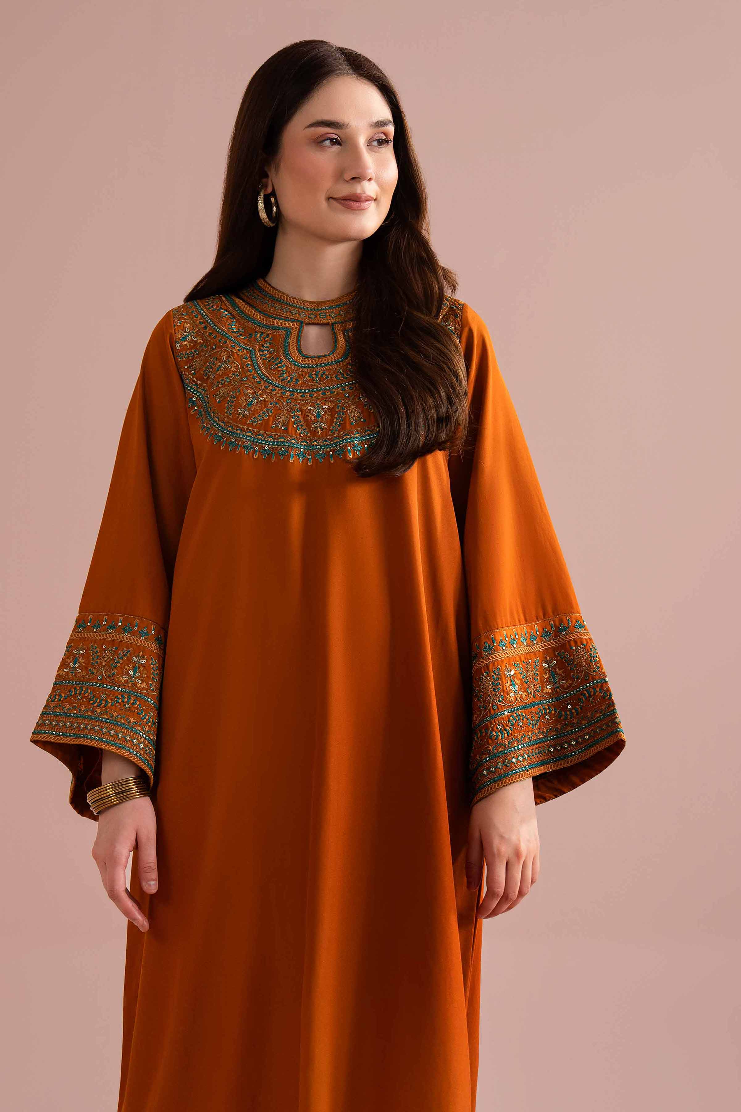 NishatUK - Orange Embroidered Fine Grip 1-piece ready to wear long dress
