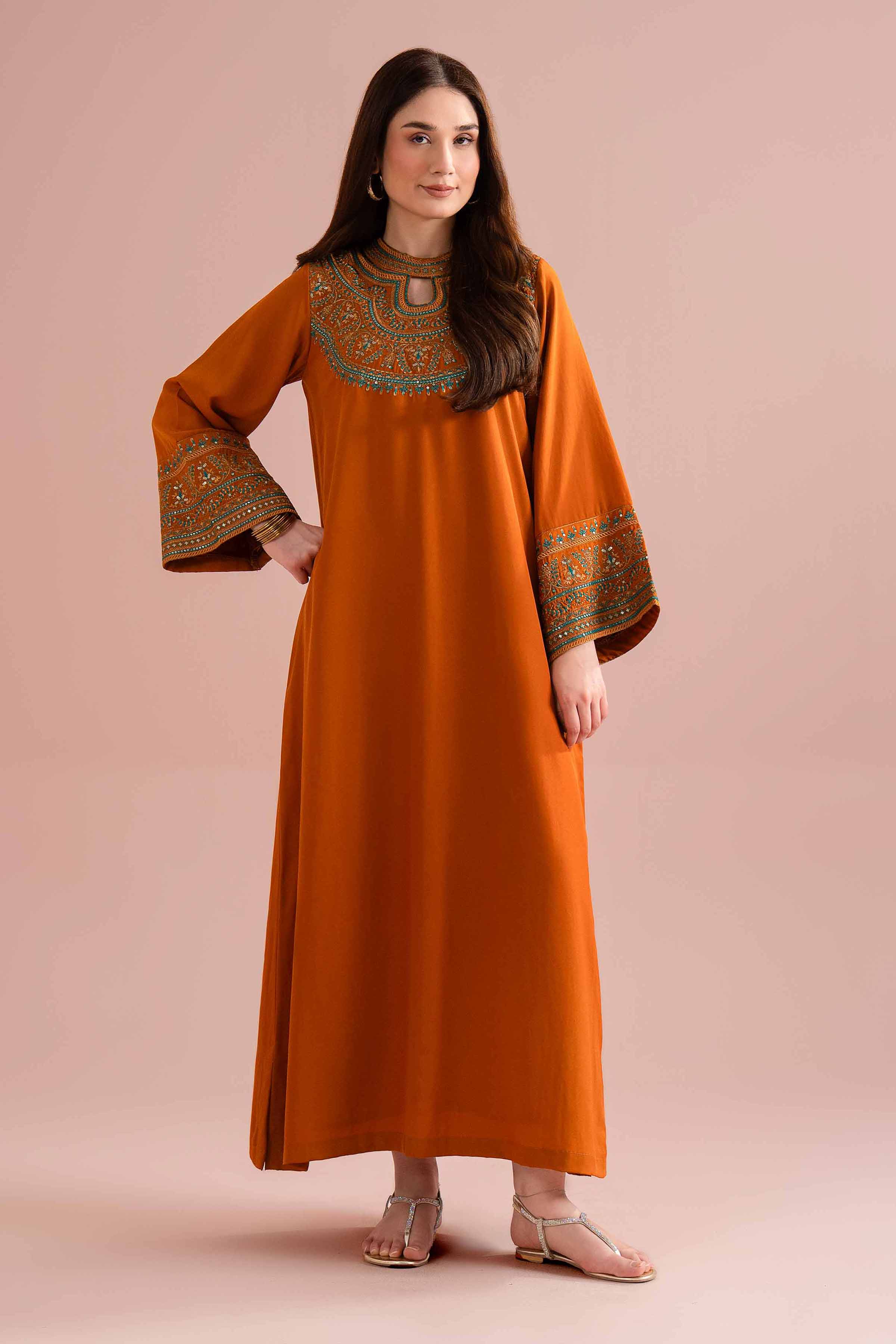 NishatUK - Orange Embroidered Fine Grip 1-piece ready to wear long dress