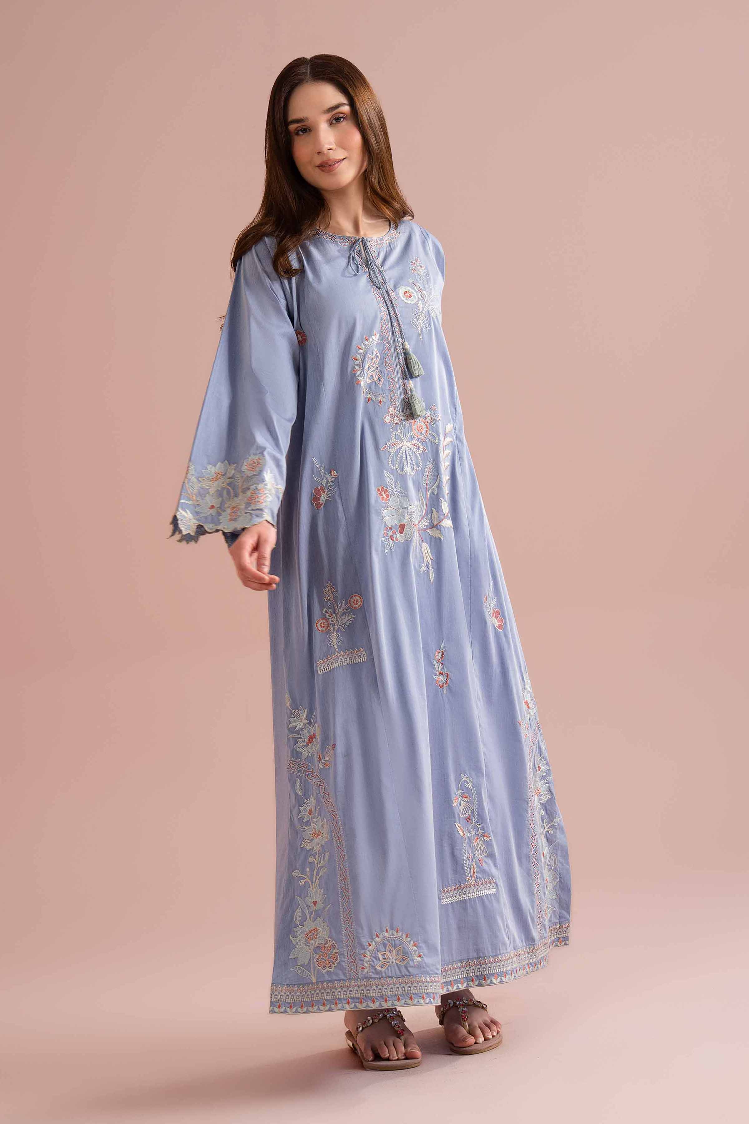 Nishat UK - Blue Embroidered Chambray 1-piece ready to wear Long dress