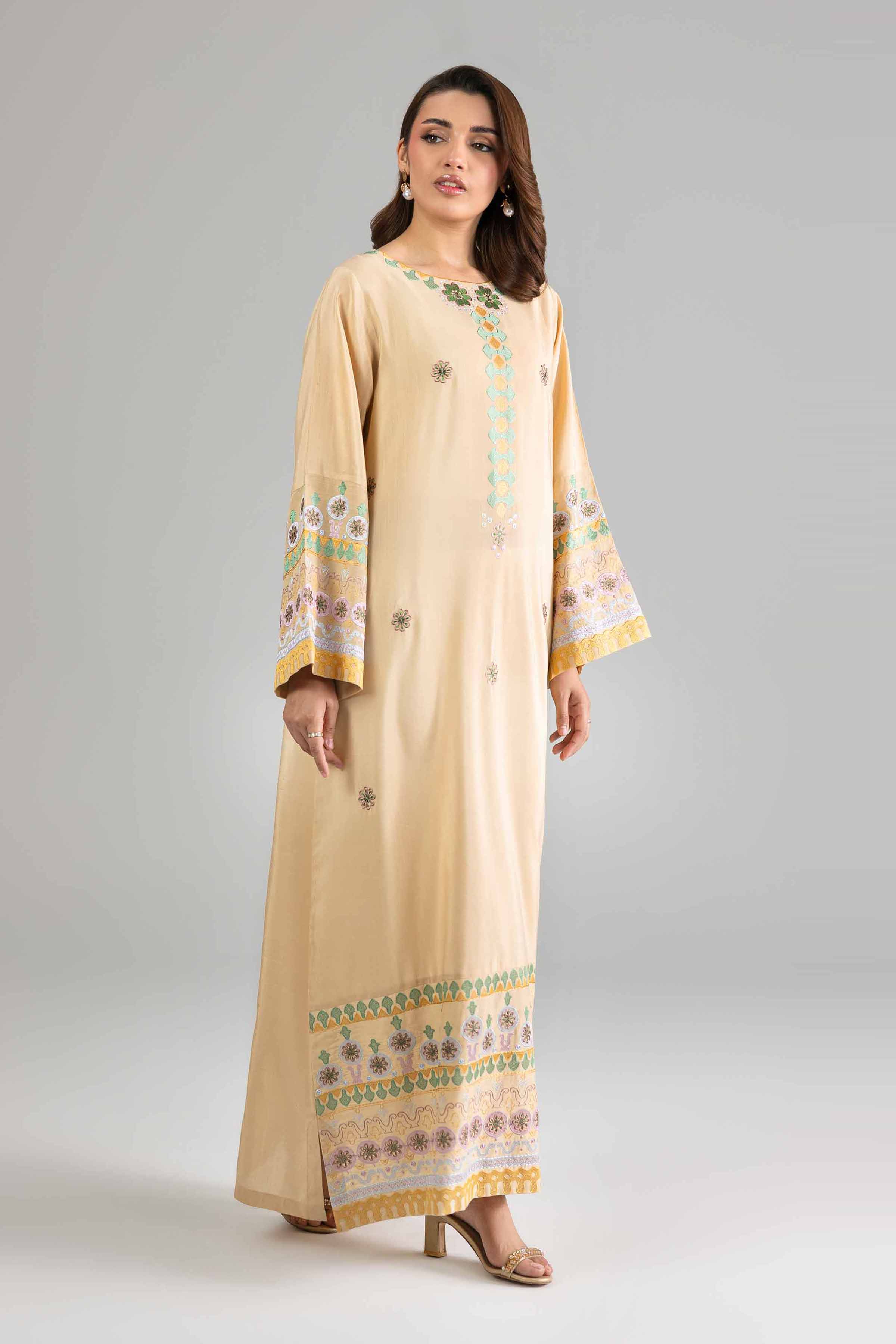 Nishat UK - Yellow Embroidered Silk 1-piece ready to wear long dress