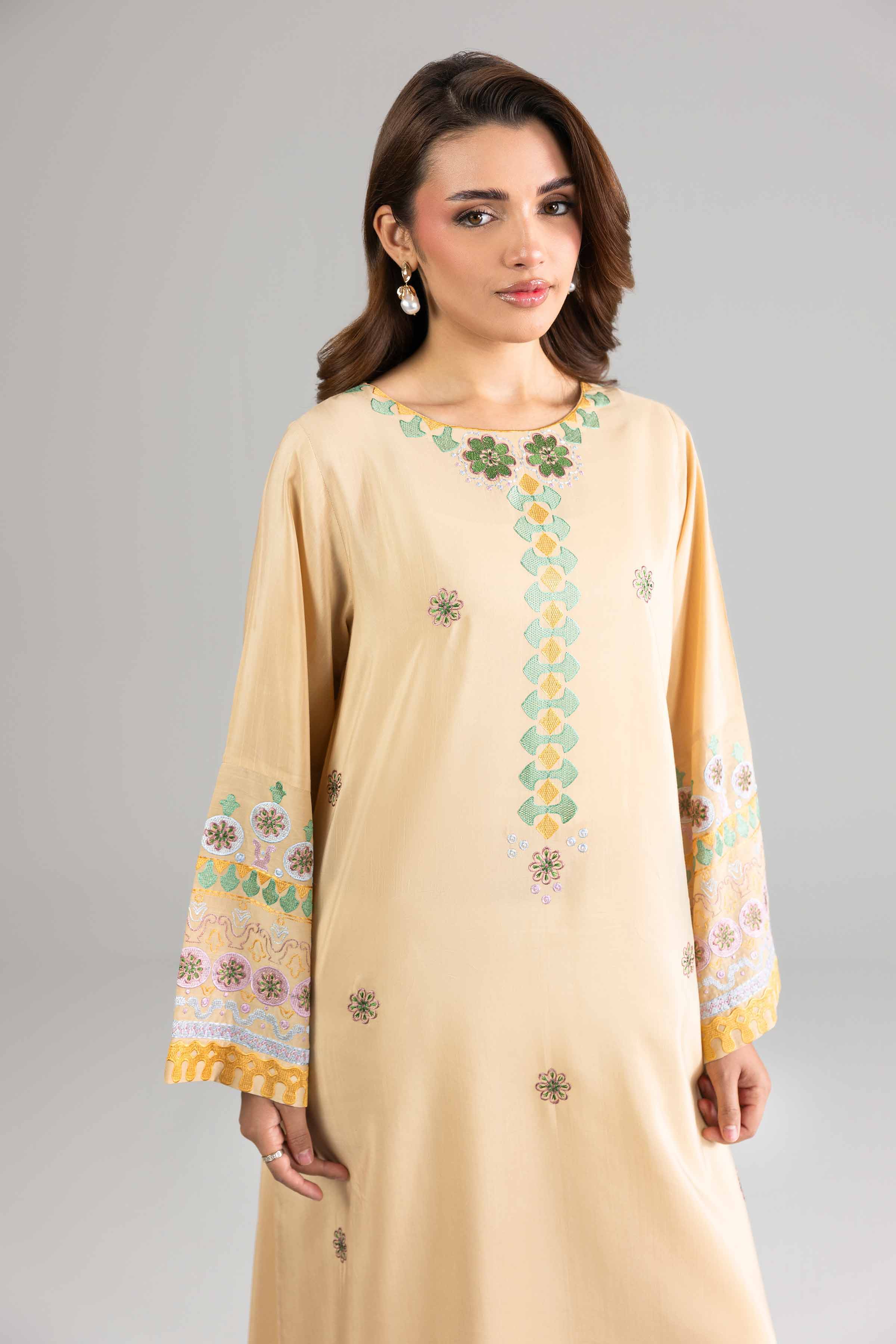 Nishat UK - Yellow Embroidered Silk 1-piece ready to wear long dress