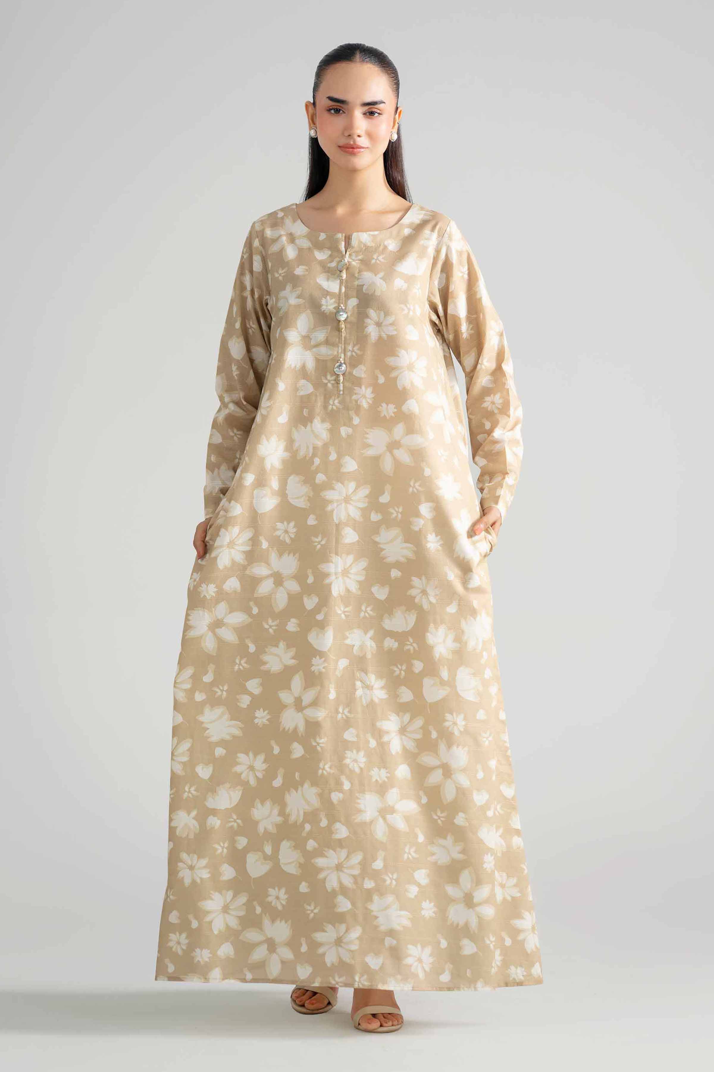 Nishat UK - Beige Printed Lawn 1-piece ready to wear long dress