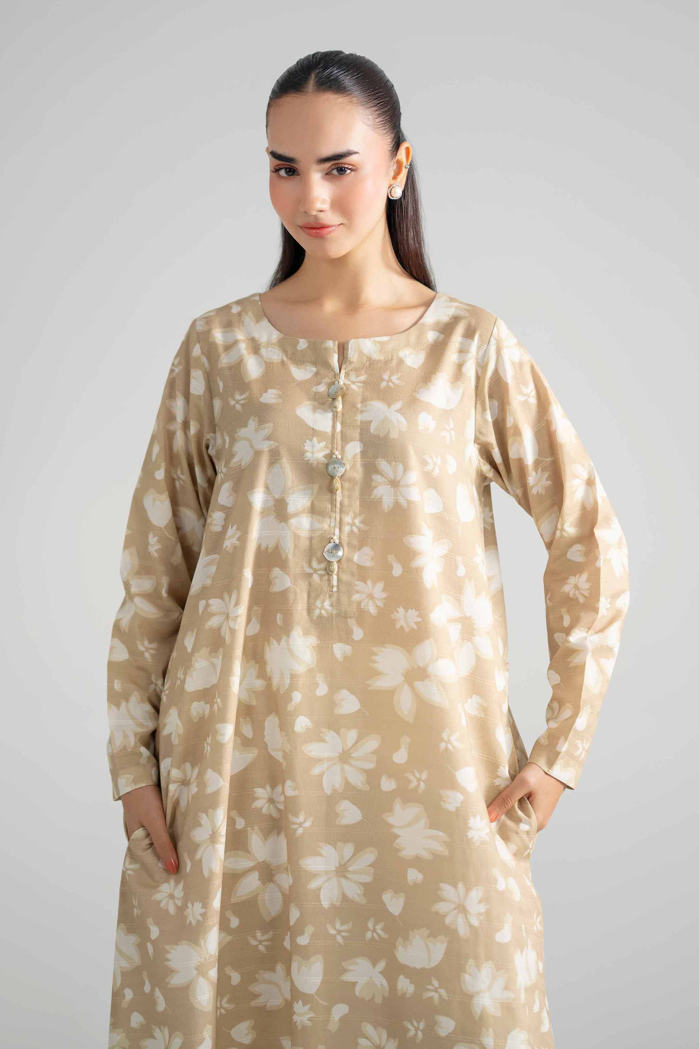 Nishat UK - Beige Printed Lawn 1-piece ready to wear long dress