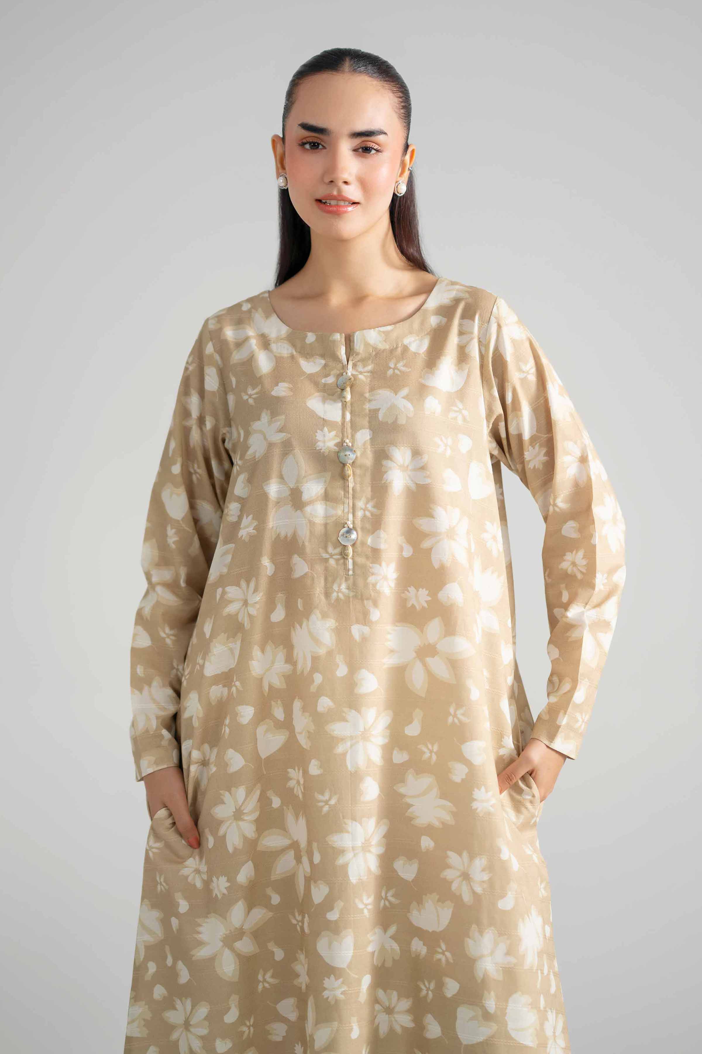 Nishat UK - Beige Printed Lawn 1-piece ready to wear long dress