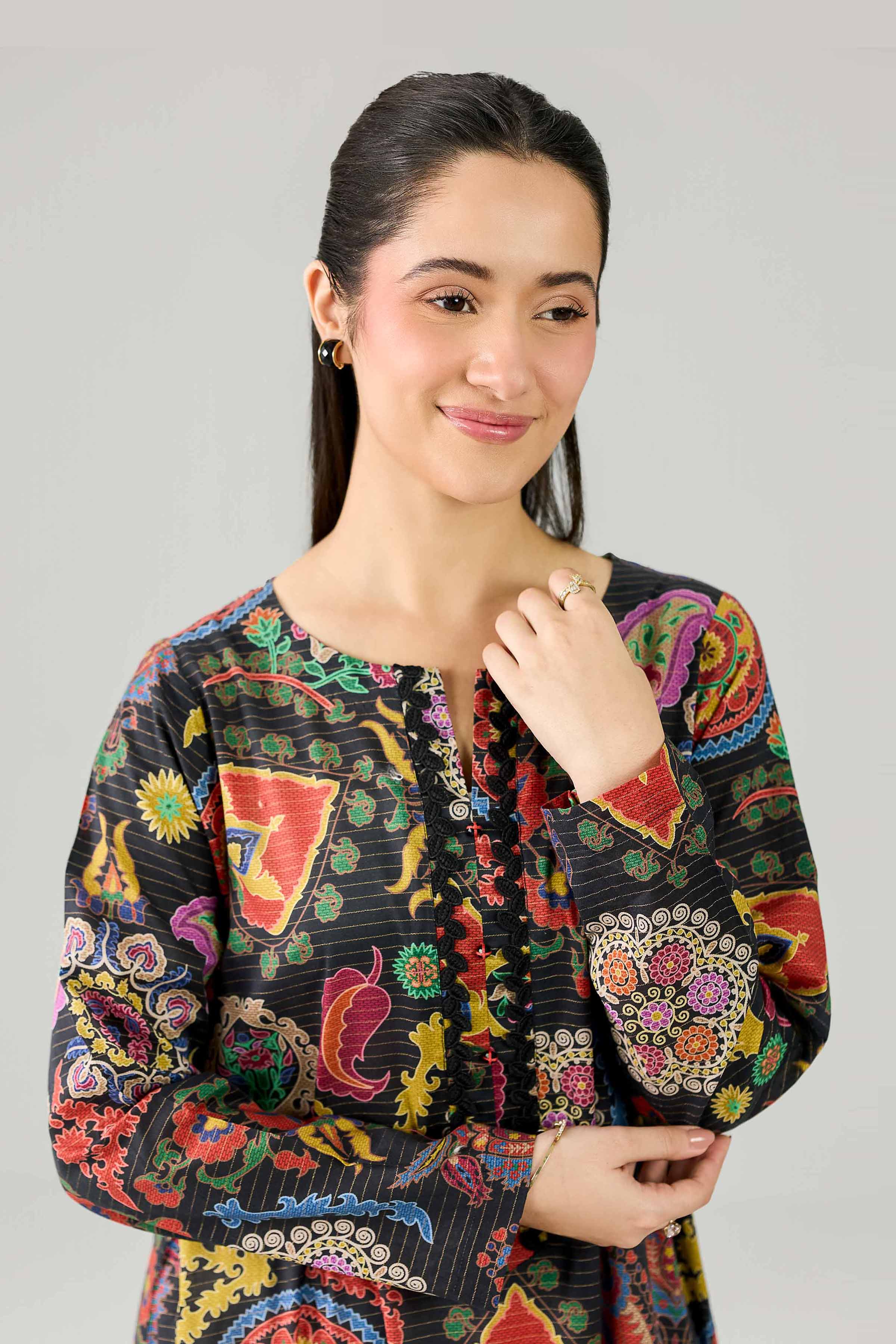 Nishat UK - Black Printed Lawn 1-piece ready to wear Long dress