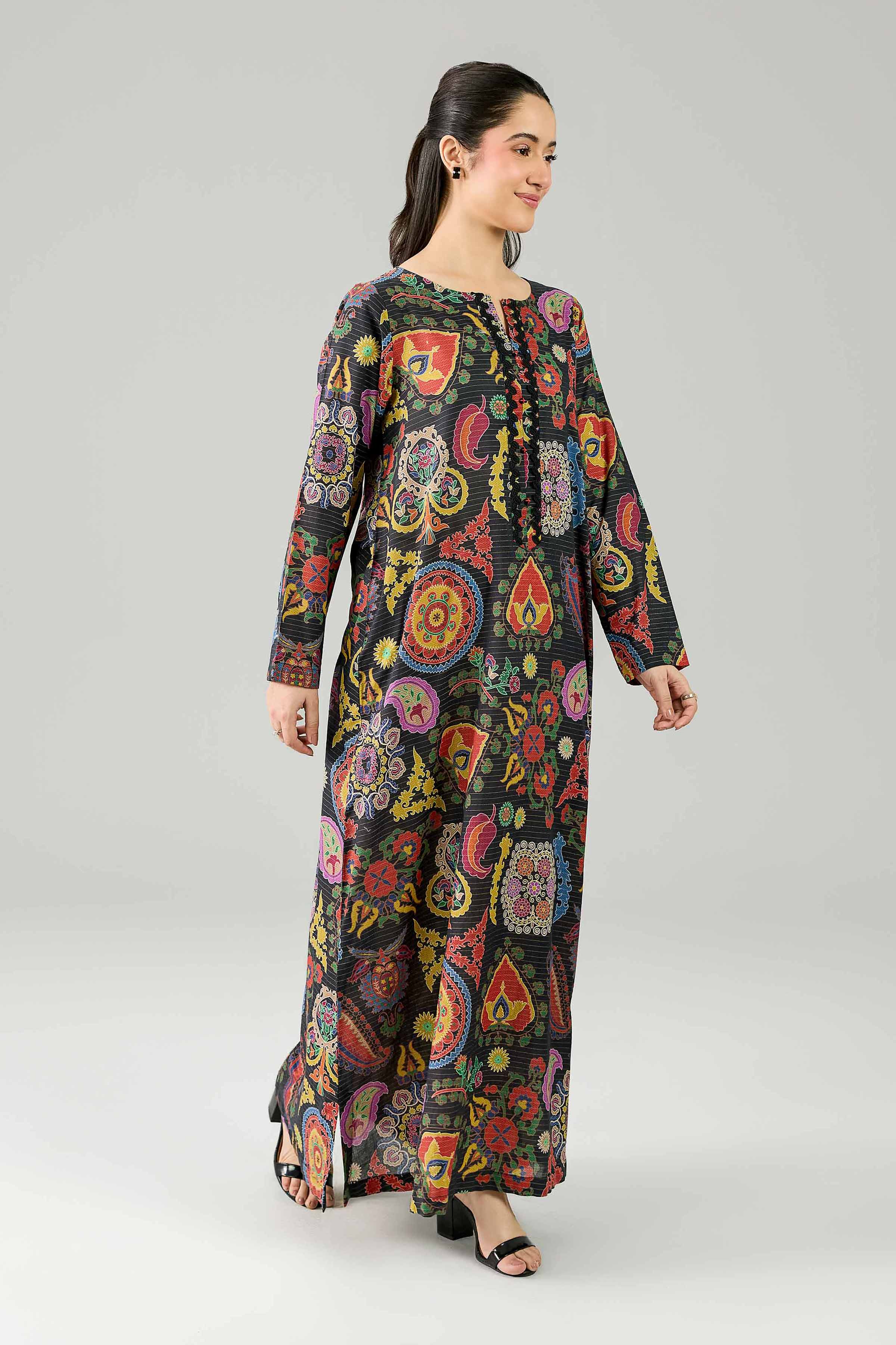 Nishat UK - Black Printed Lawn 1-piece ready to wear Long dress