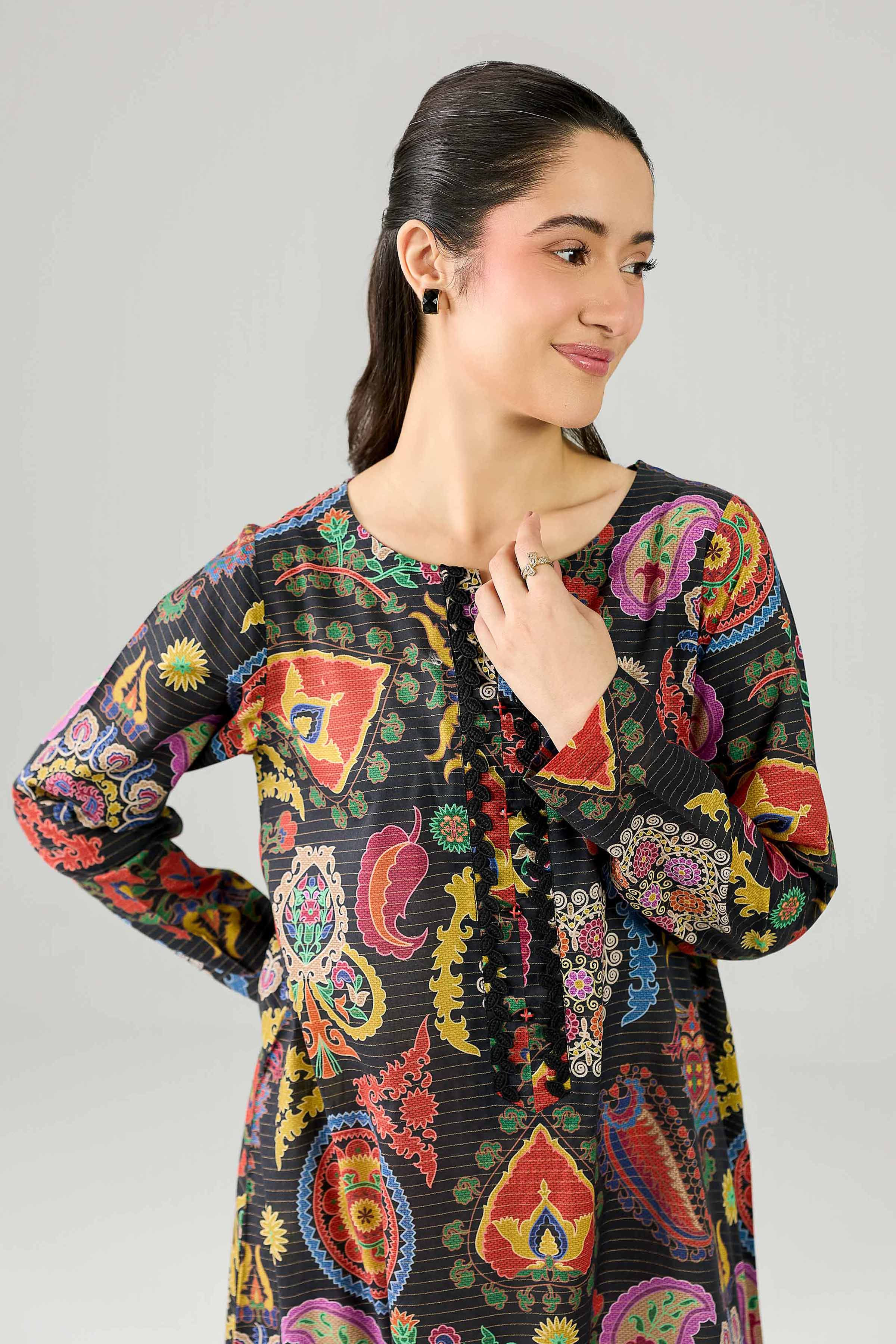 Nishat UK - Black Printed Lawn 1-piece ready to wear Long dress