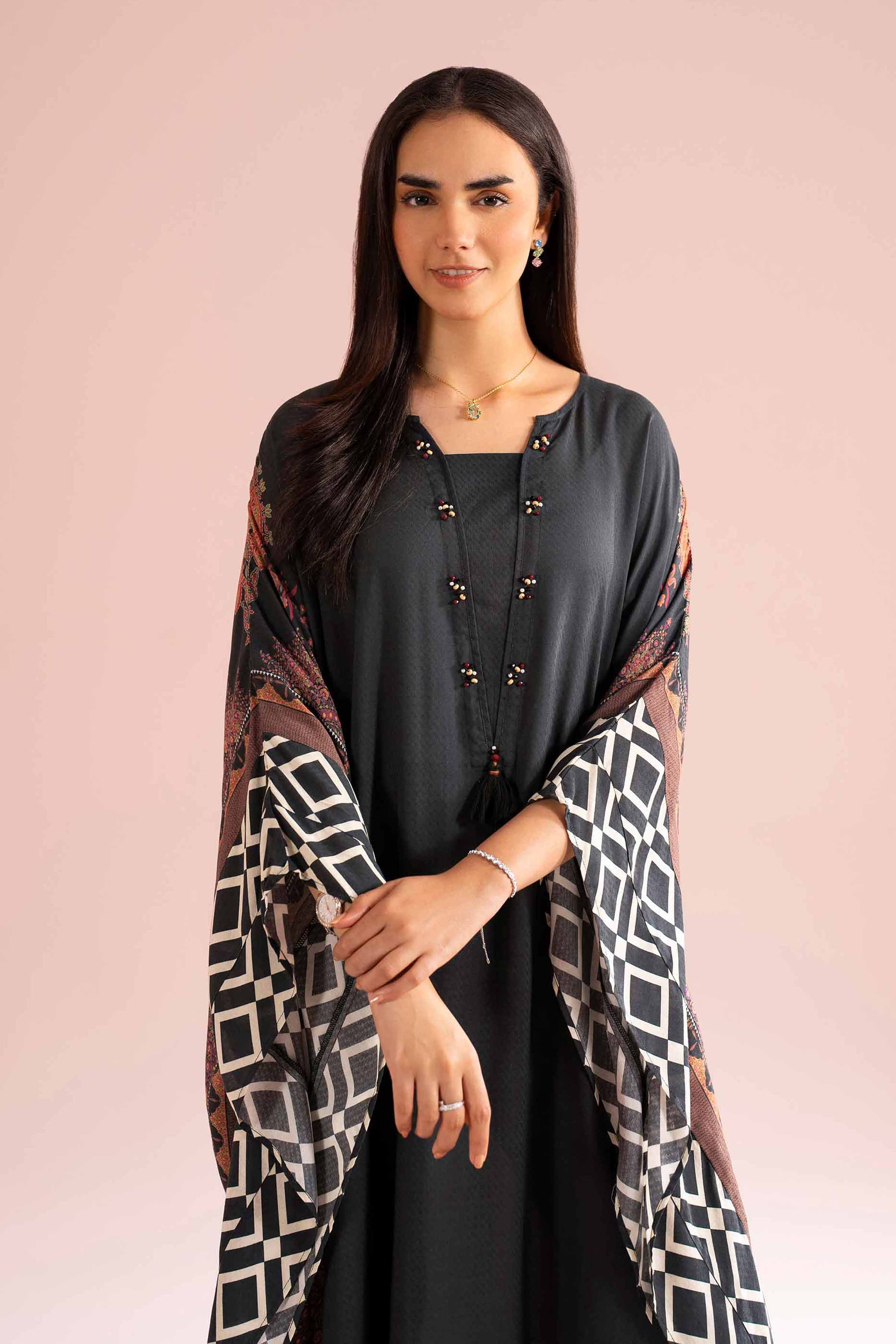 NishatUK - Black Printed Dobby 1-piece ready to wear Kaftan