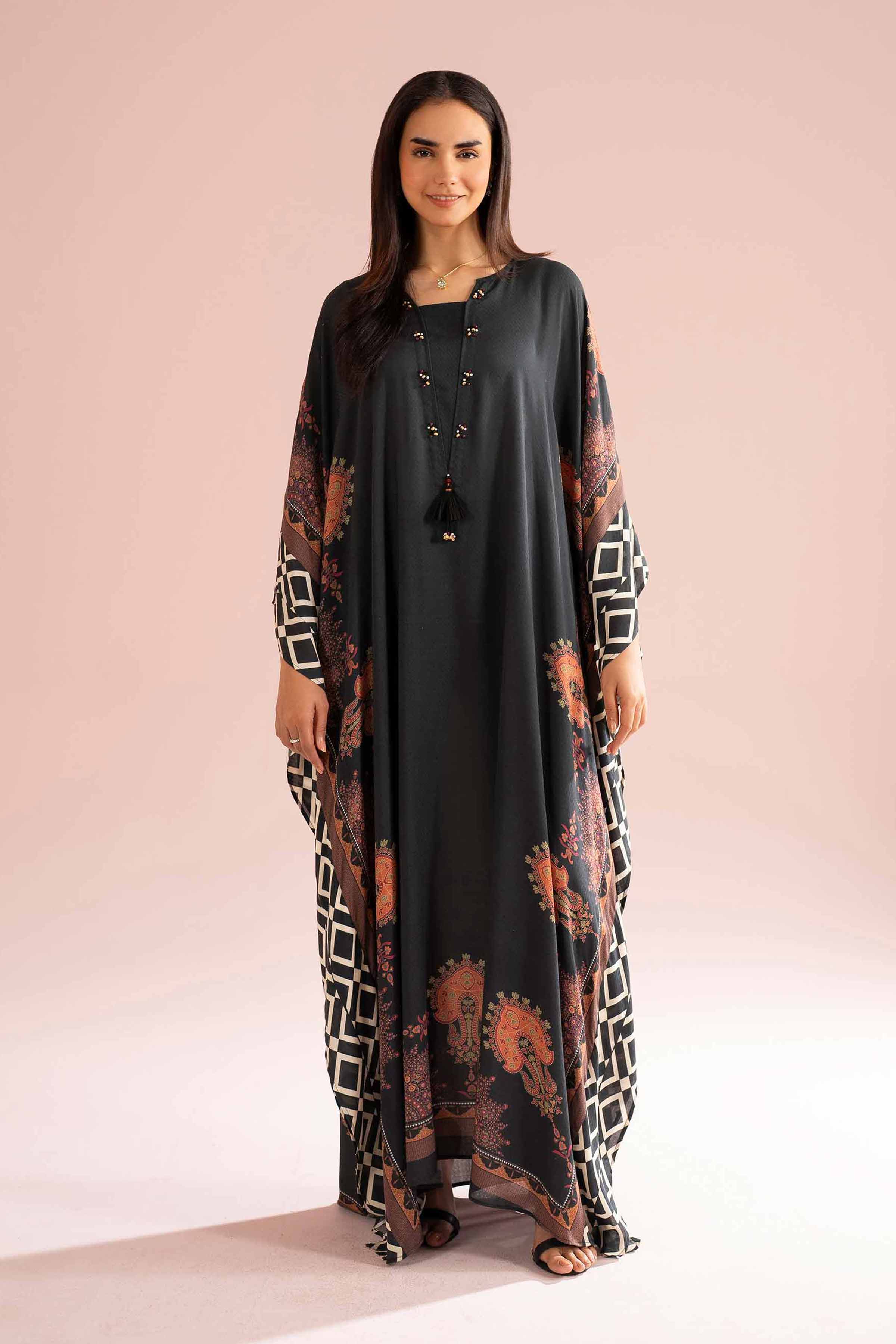 NishatUK - Black Printed Dobby 1-piece ready to wear Kaftan