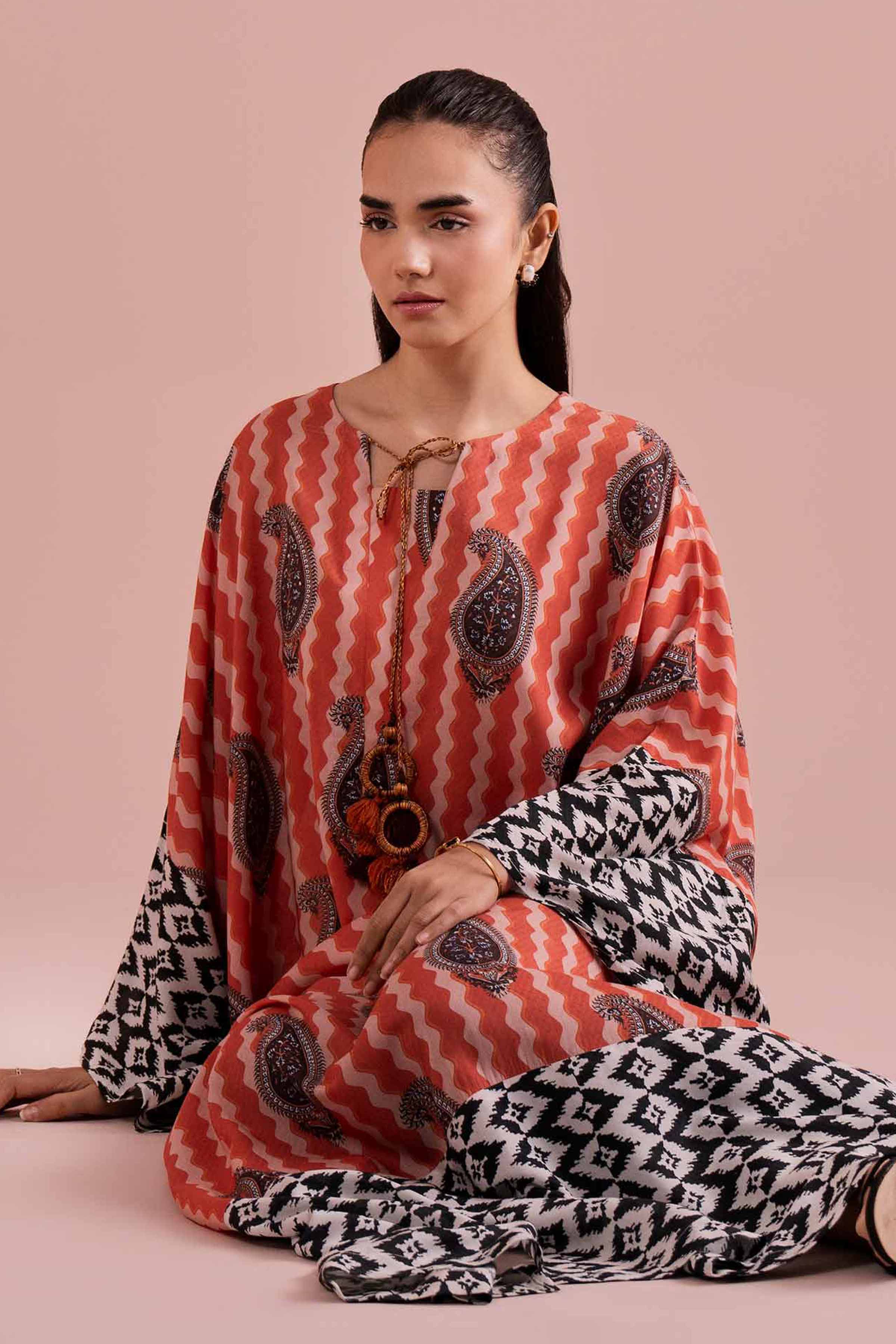 NishatUK - Multi Printed Dobby 1-piece ready to wear Kaftan