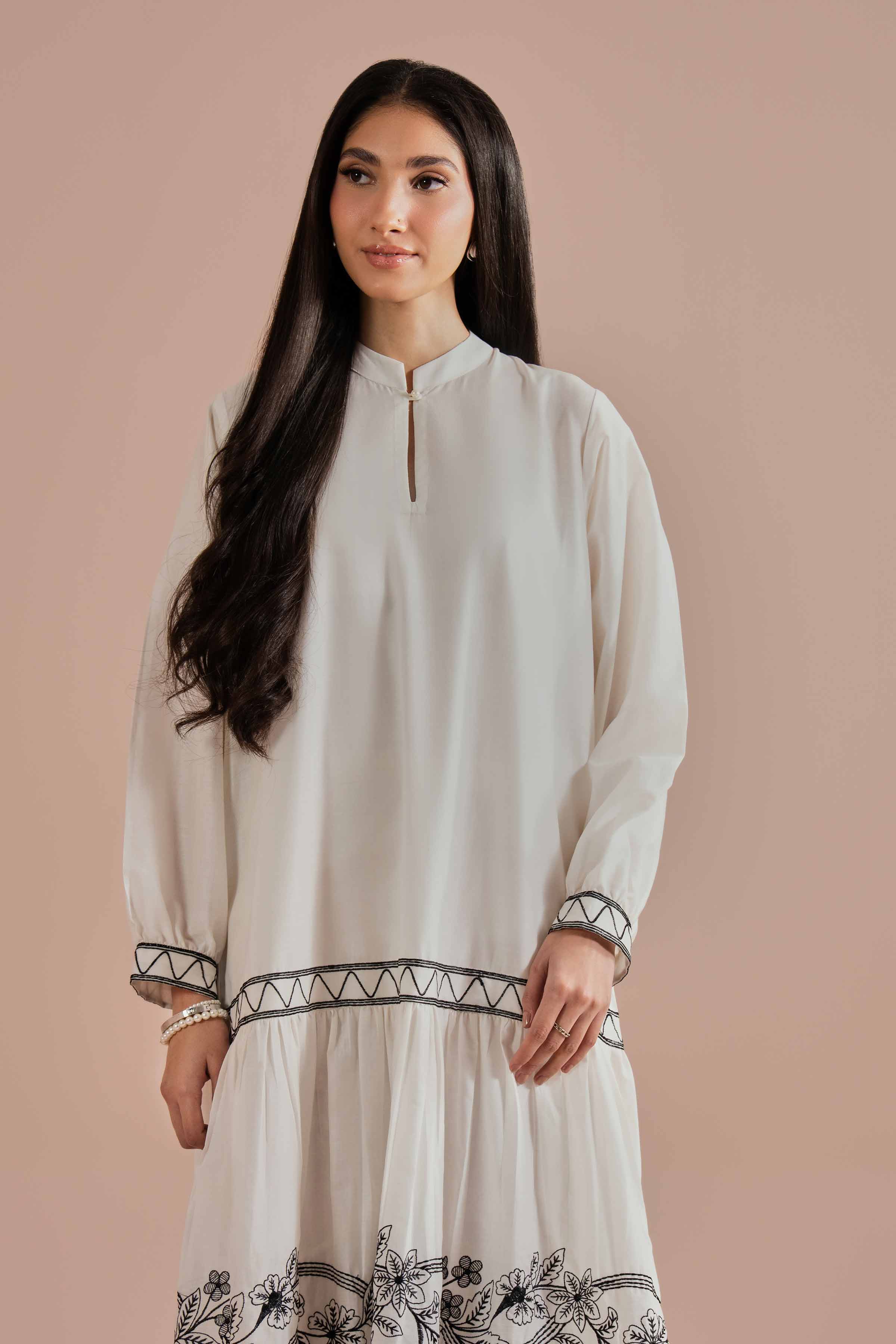 Nishat UK - White Embroidered Cambric 1 Piece ready to wear luxury long dress