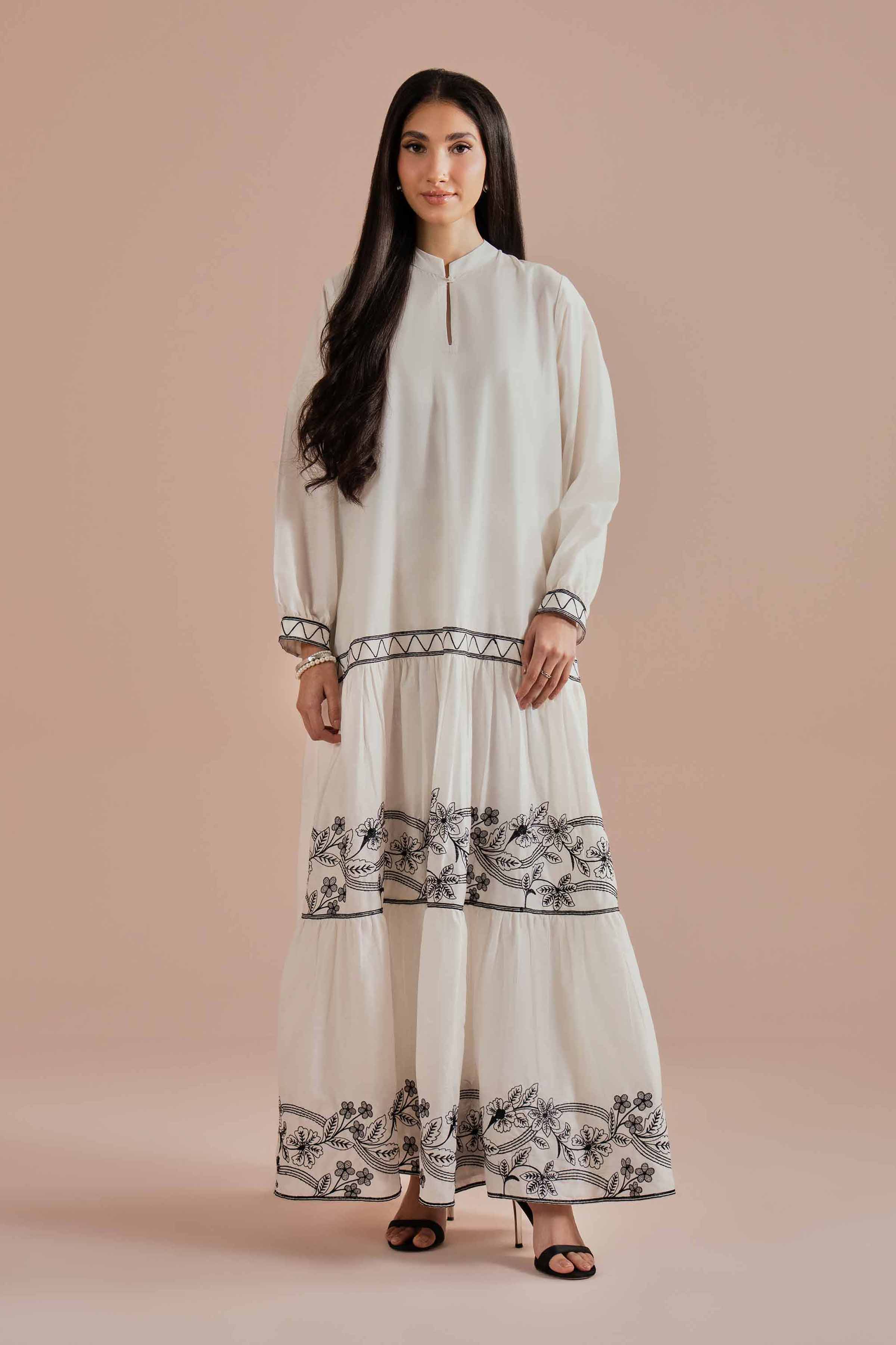 Nishat UK - White Embroidered Cambric 1 Piece ready to wear luxury long dress