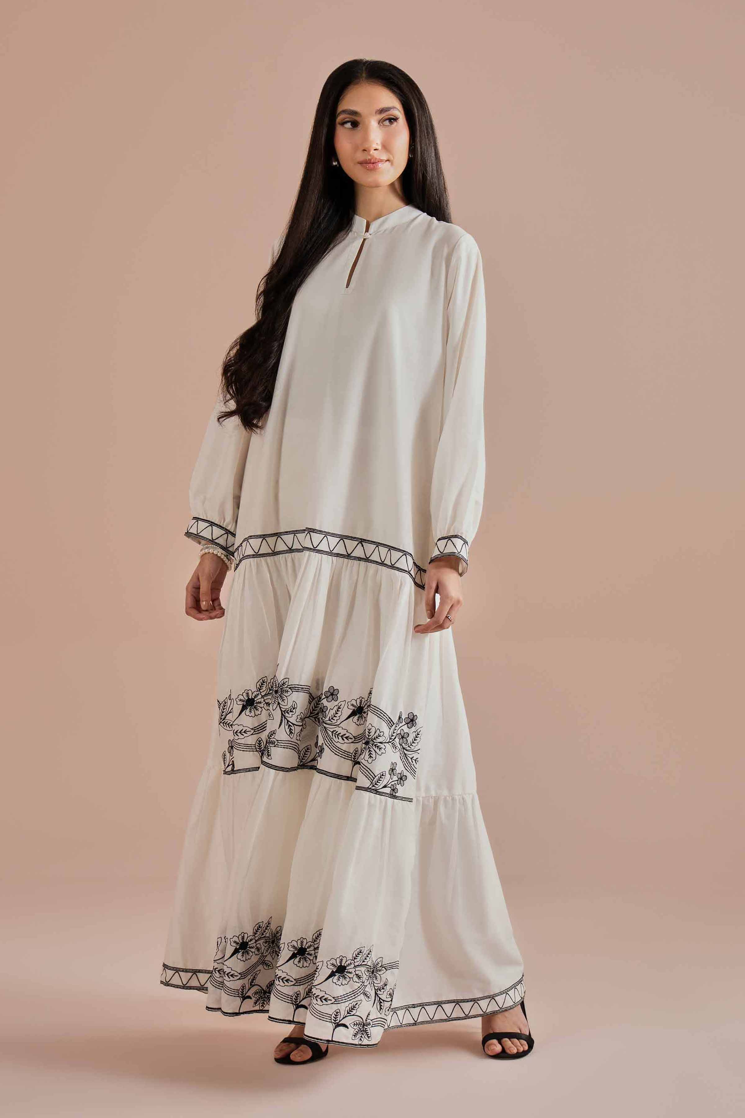 Nishat UK - White Embroidered Cambric 1 Piece ready to wear luxury long dress