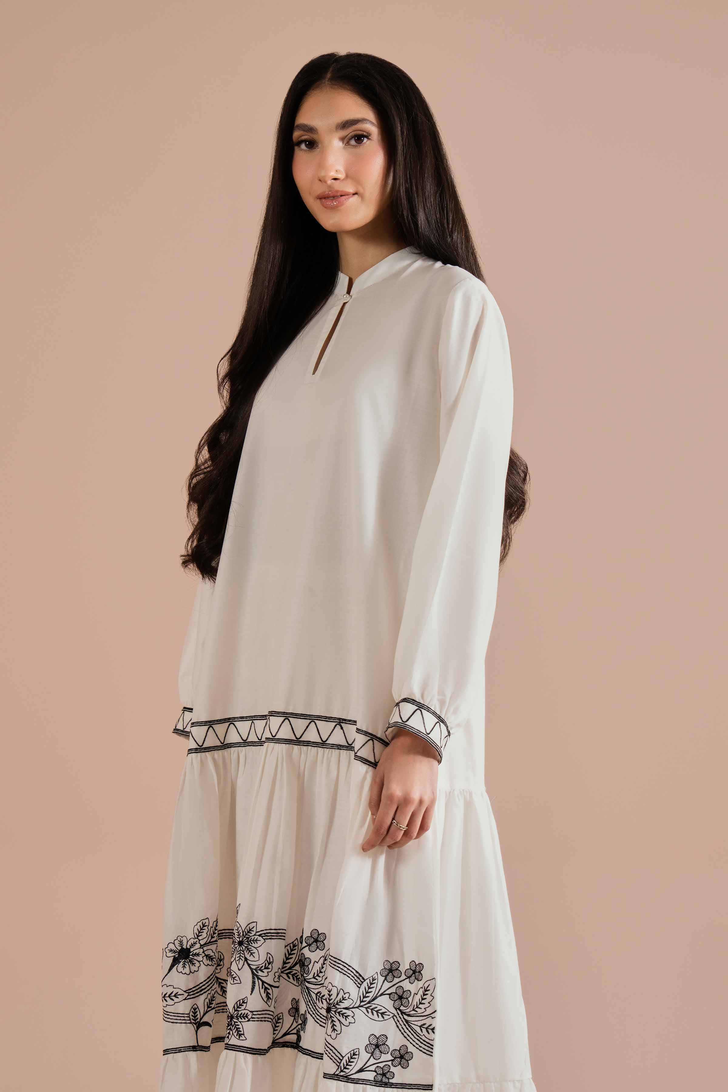 Nishat UK - White Embroidered Cambric 1 Piece ready to wear luxury long dress