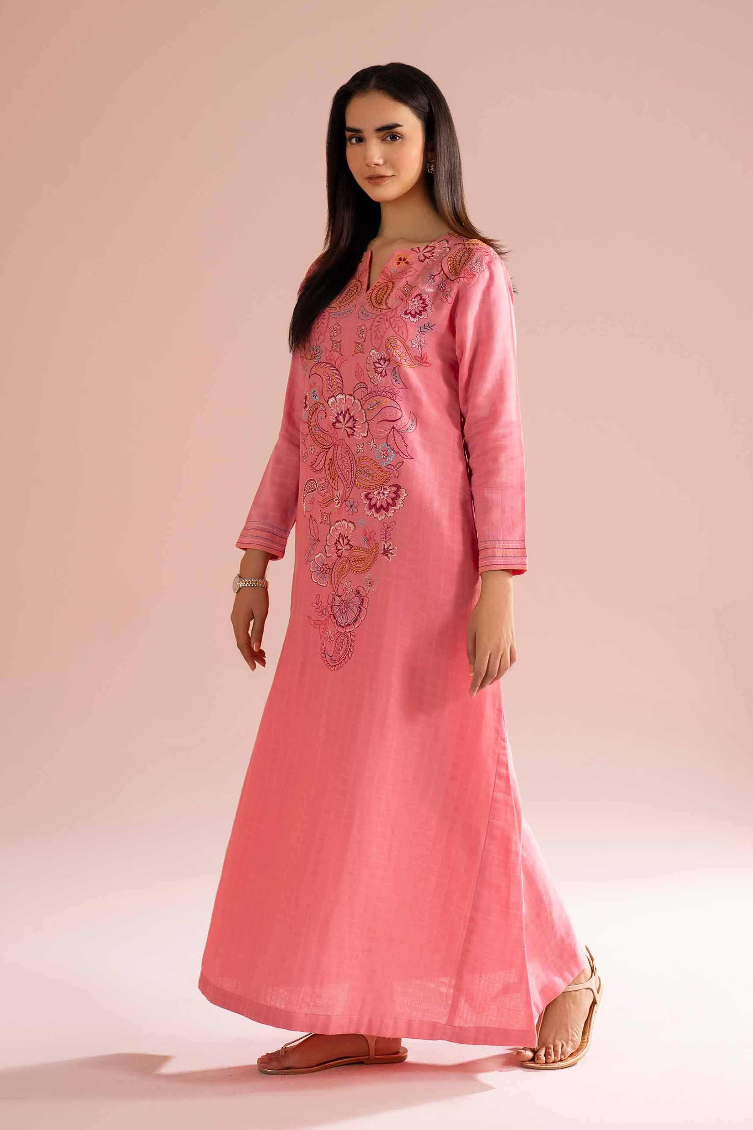 NishatUK - Pink Embroidered Dobby 1-piece ready to wear long dress