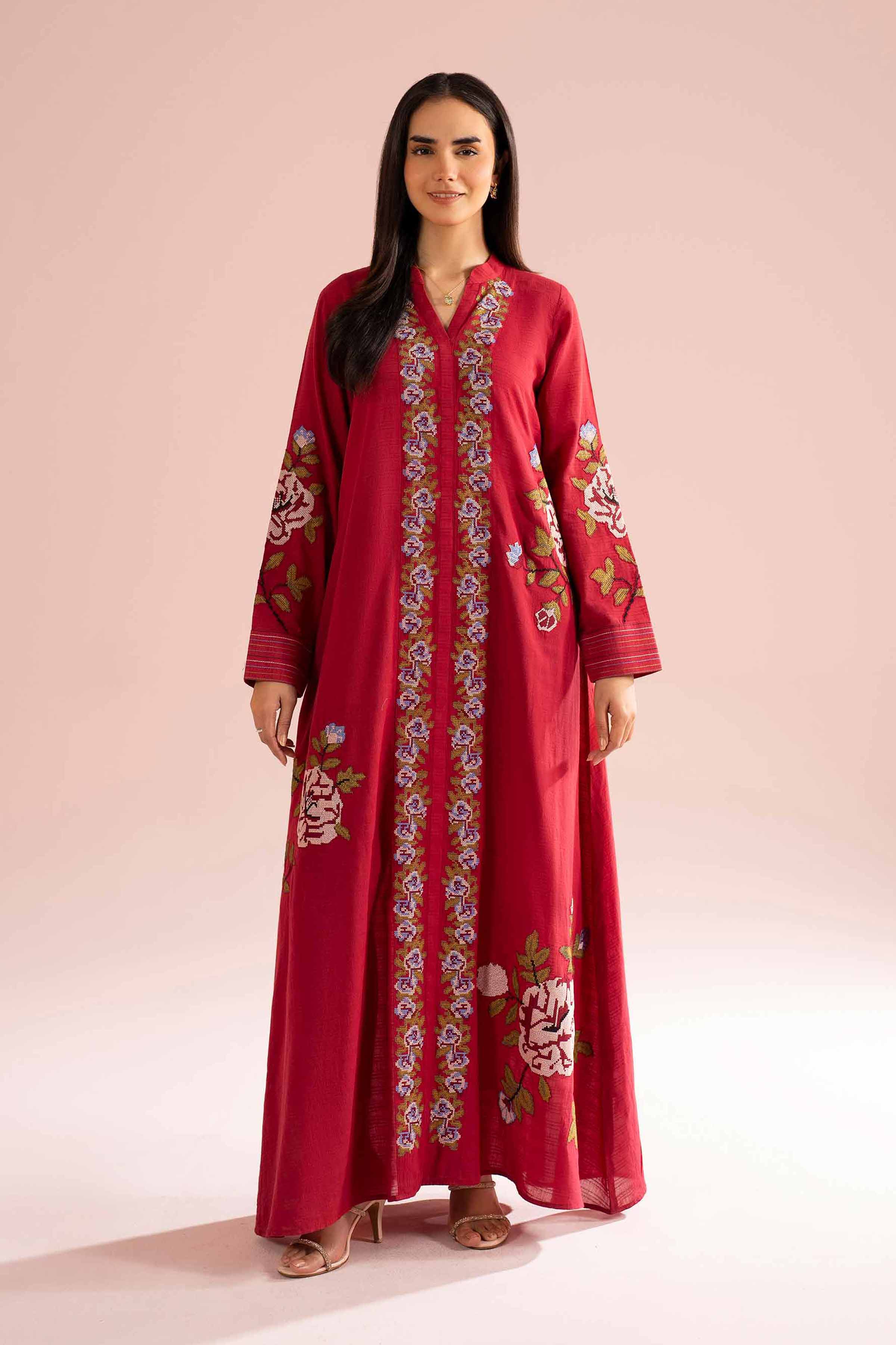 Nishat UK - Red Embroidered Dobby 1-piece ready to wear Long dress