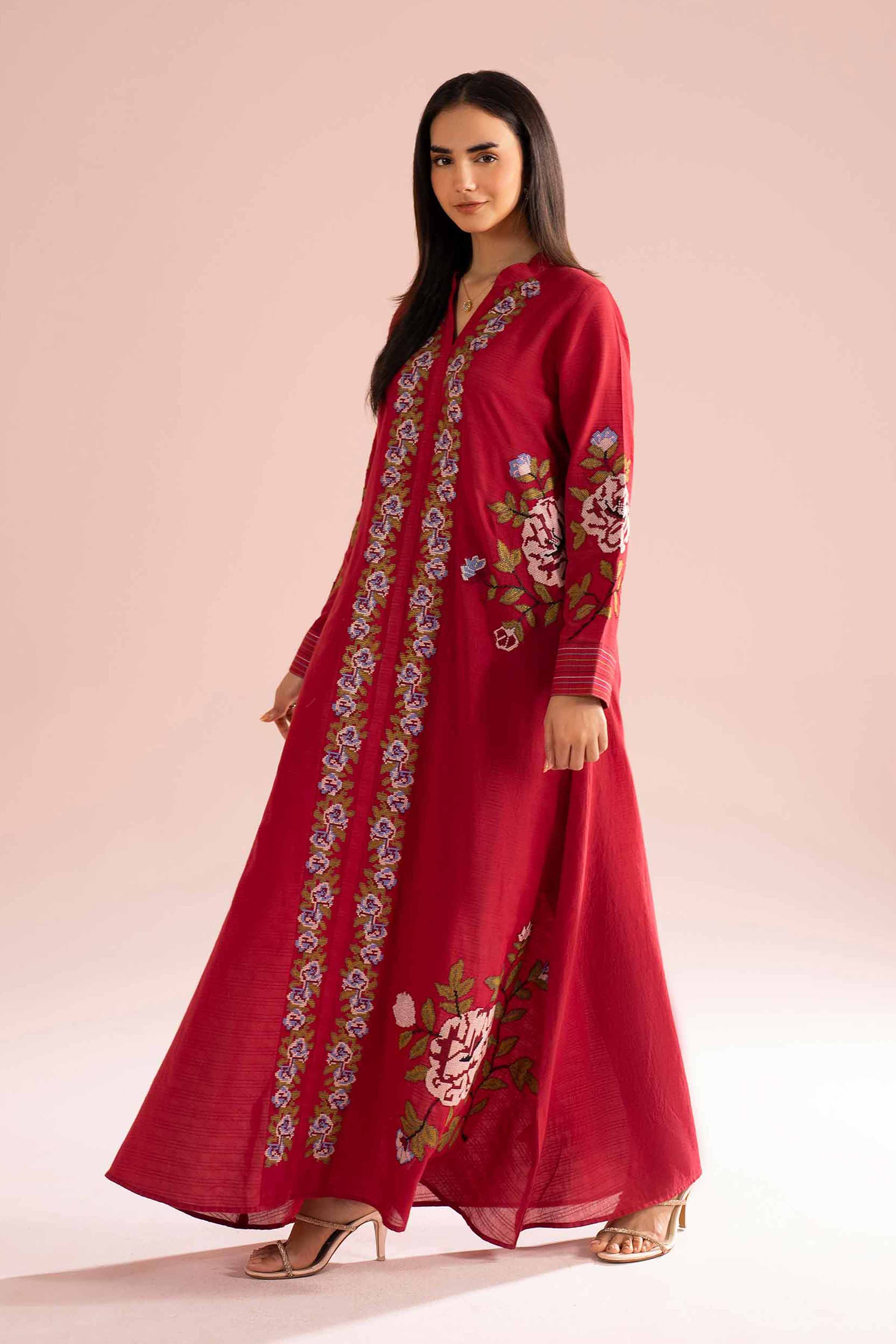 Nishat UK - Red Embroidered Dobby 1-piece ready to wear Long dress