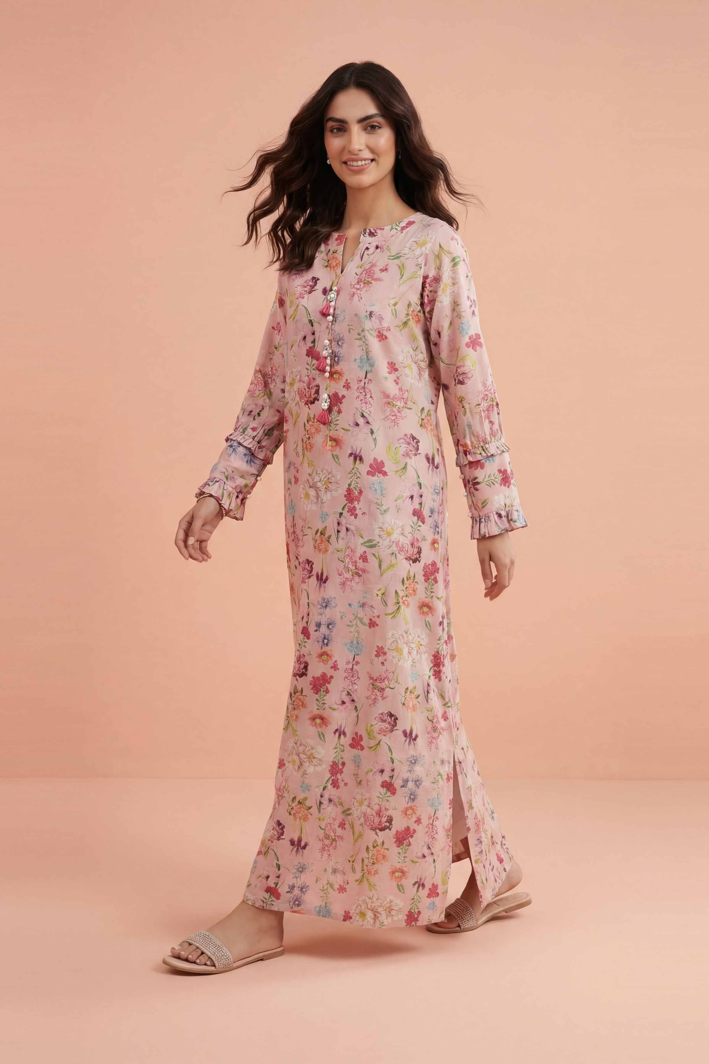 NishatUK - Pink Printed Lawn 1-piece ready to wear long dress
