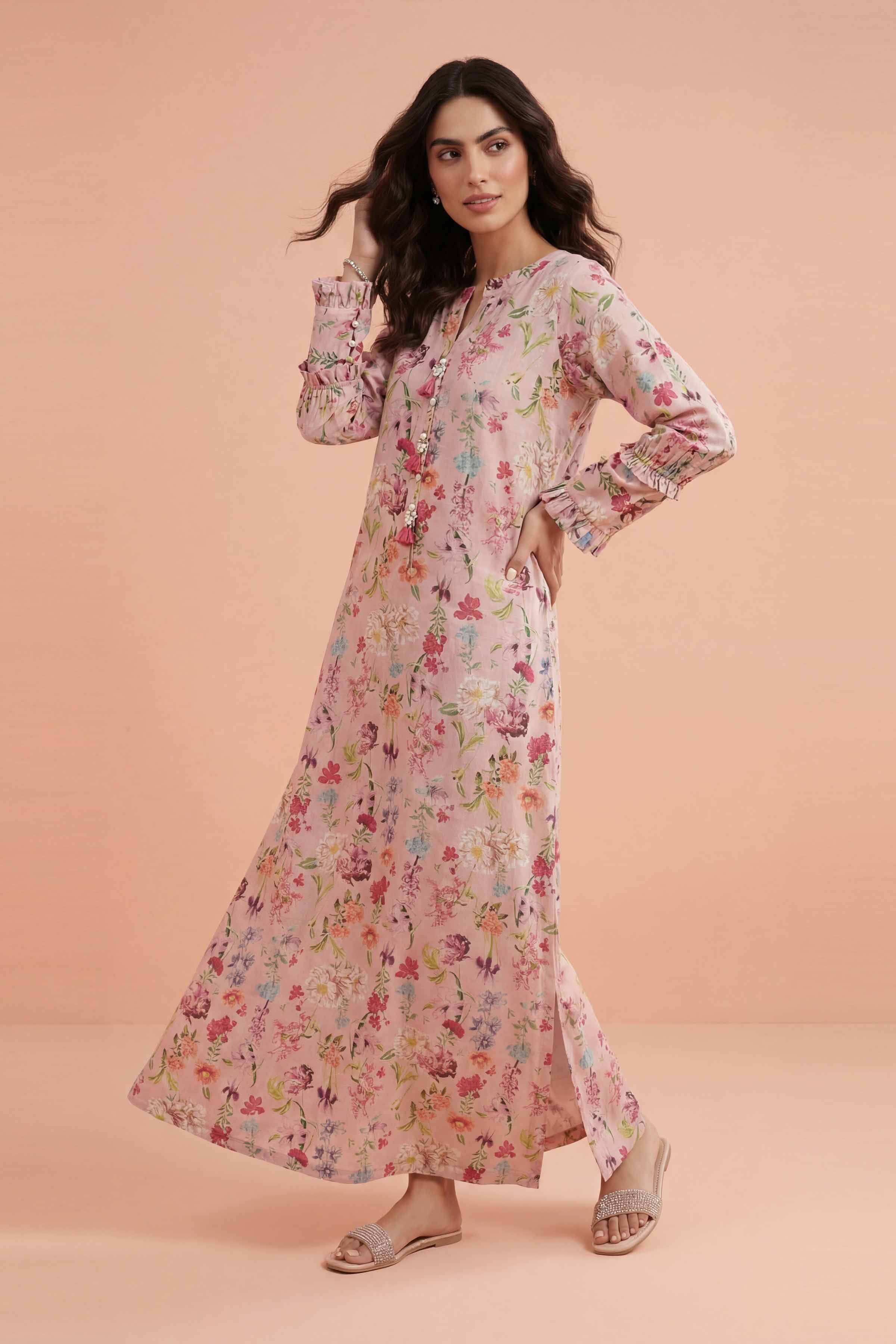 NishatUK - Pink Printed Lawn 1-piece ready to wear long dress