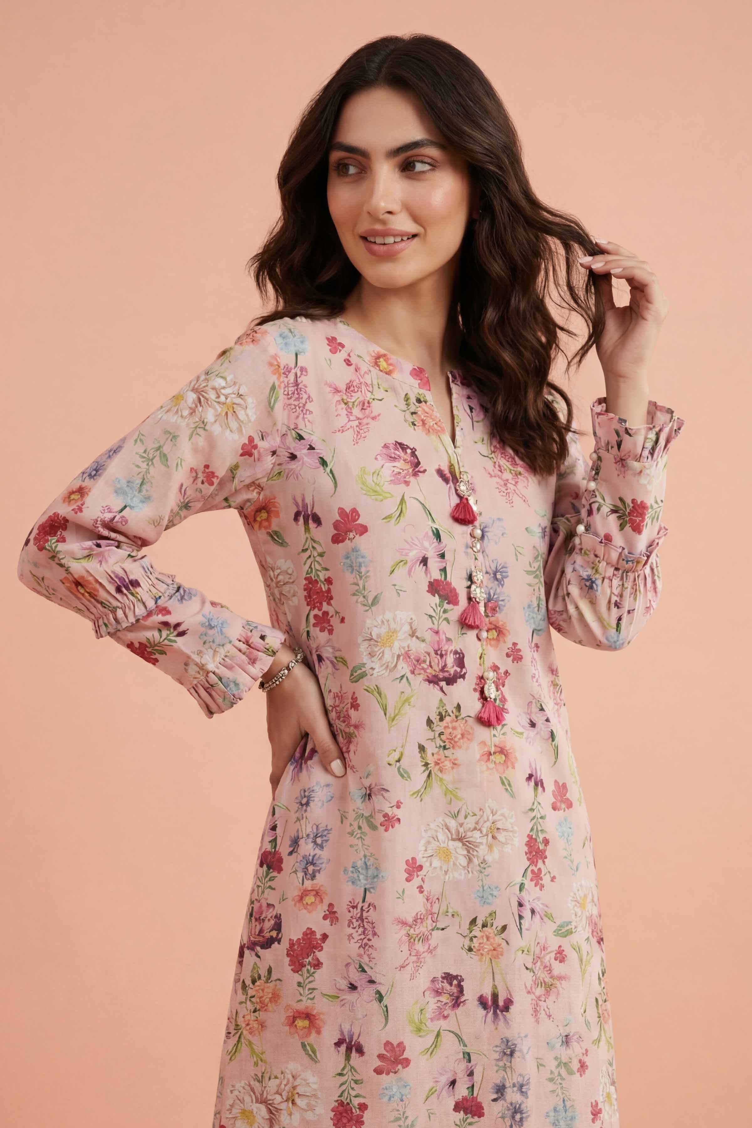 NishatUK - Pink Printed Lawn 1-piece ready to wear long dress