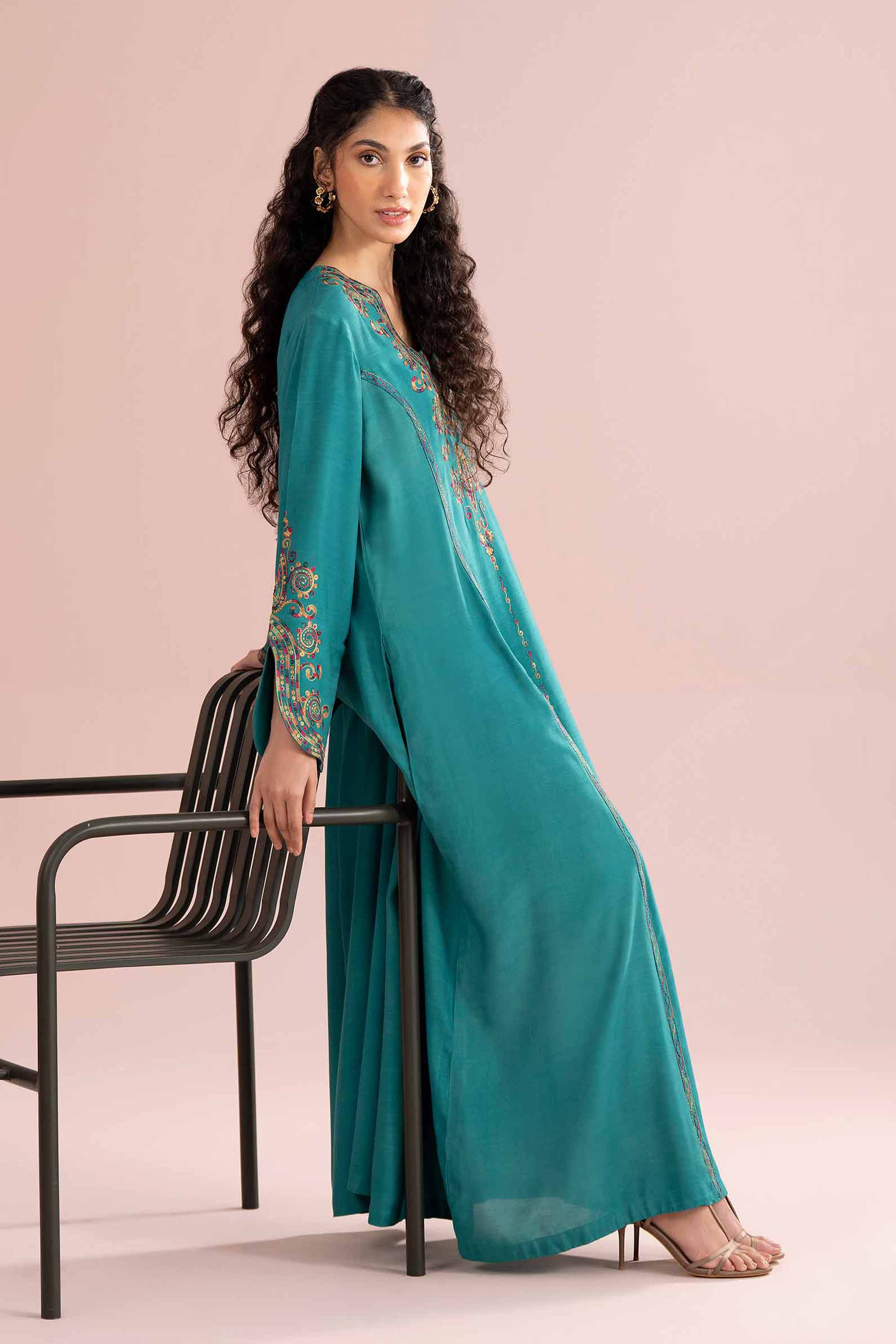 Nishat UK - Green Embroidered Raw Silk 1-piece ready to wear Long dress