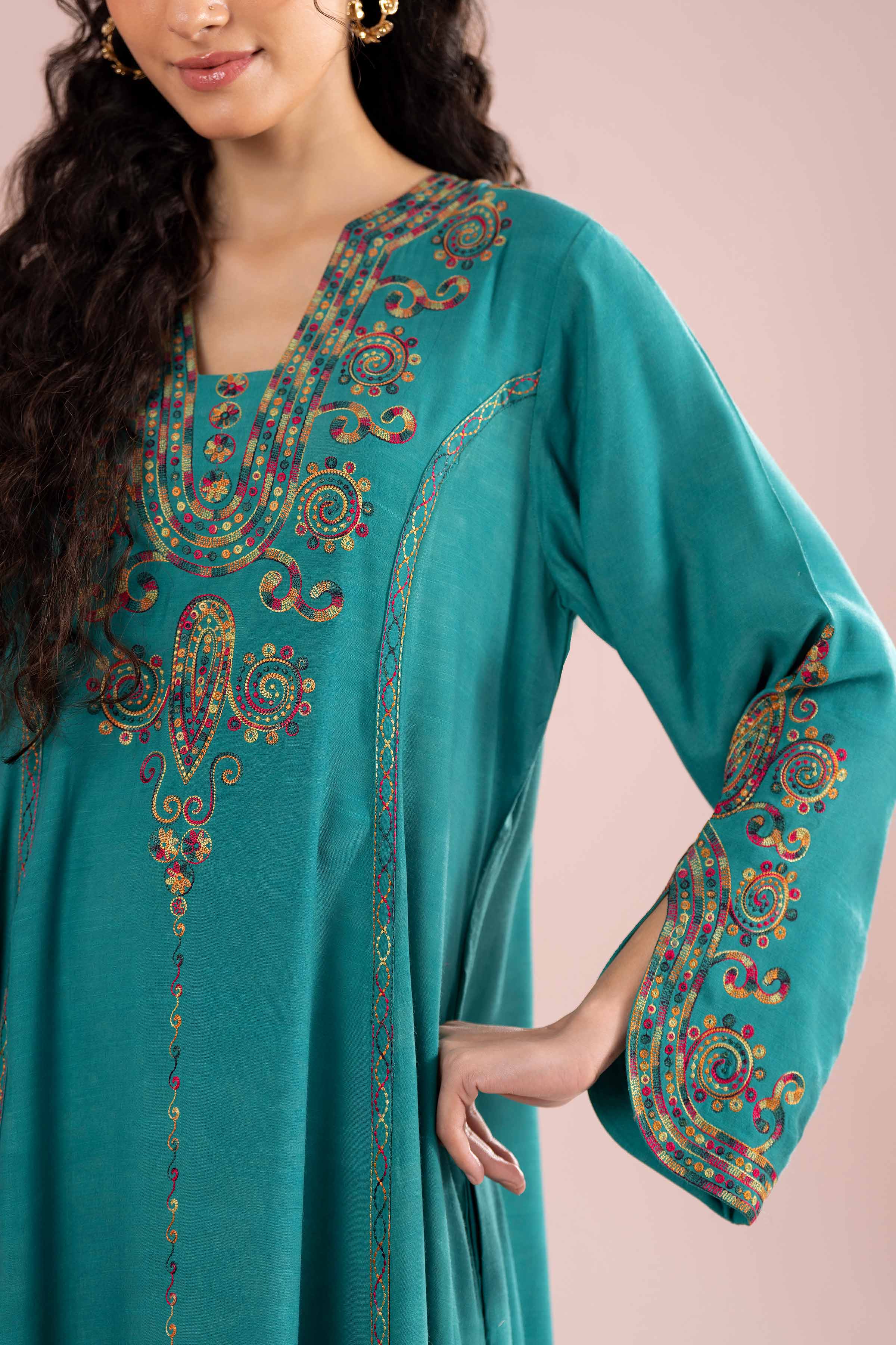 Nishat UK - Green Embroidered Raw Silk 1-piece ready to wear Long dress