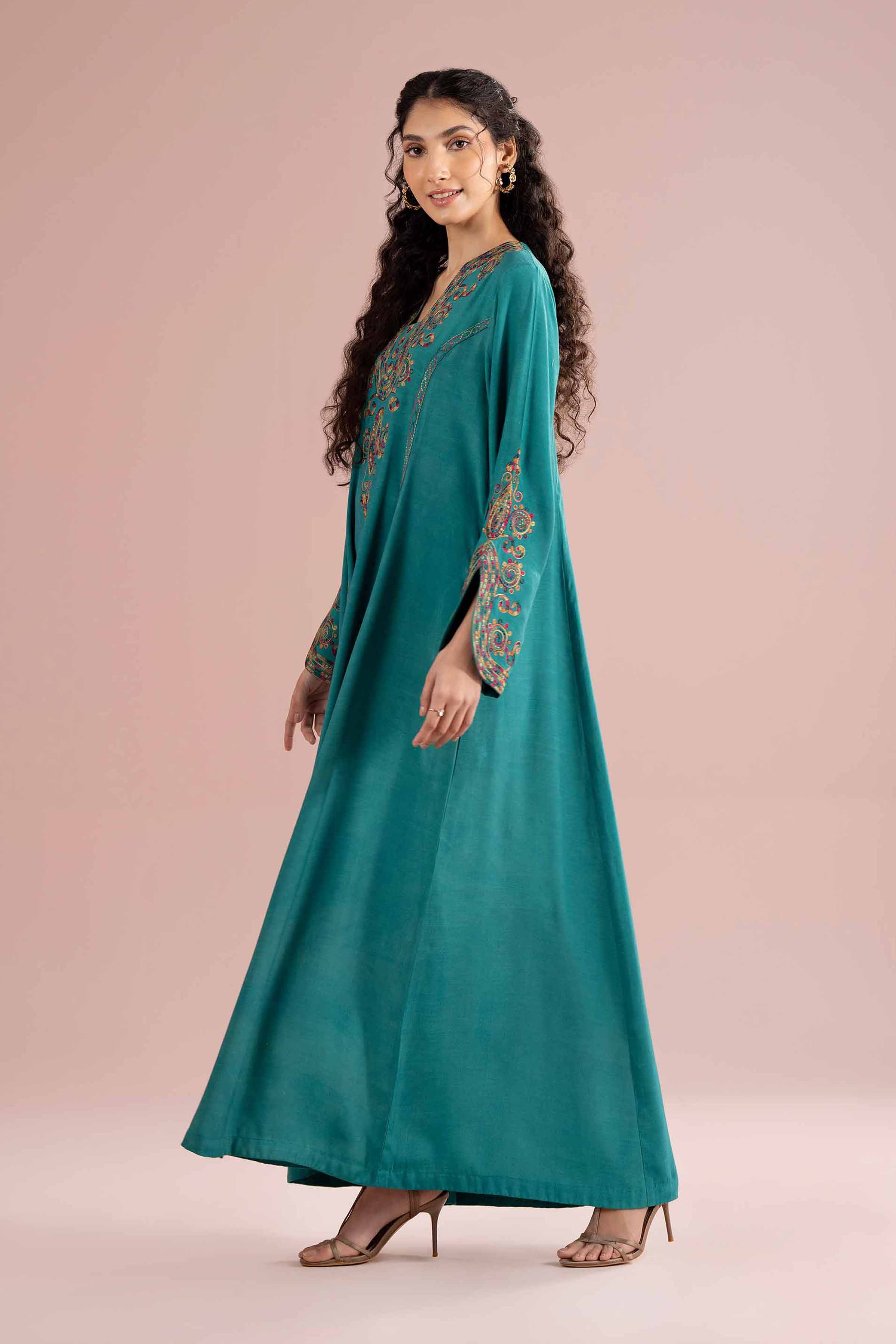 Nishat UK - Green Embroidered Raw Silk 1-piece ready to wear Long dress