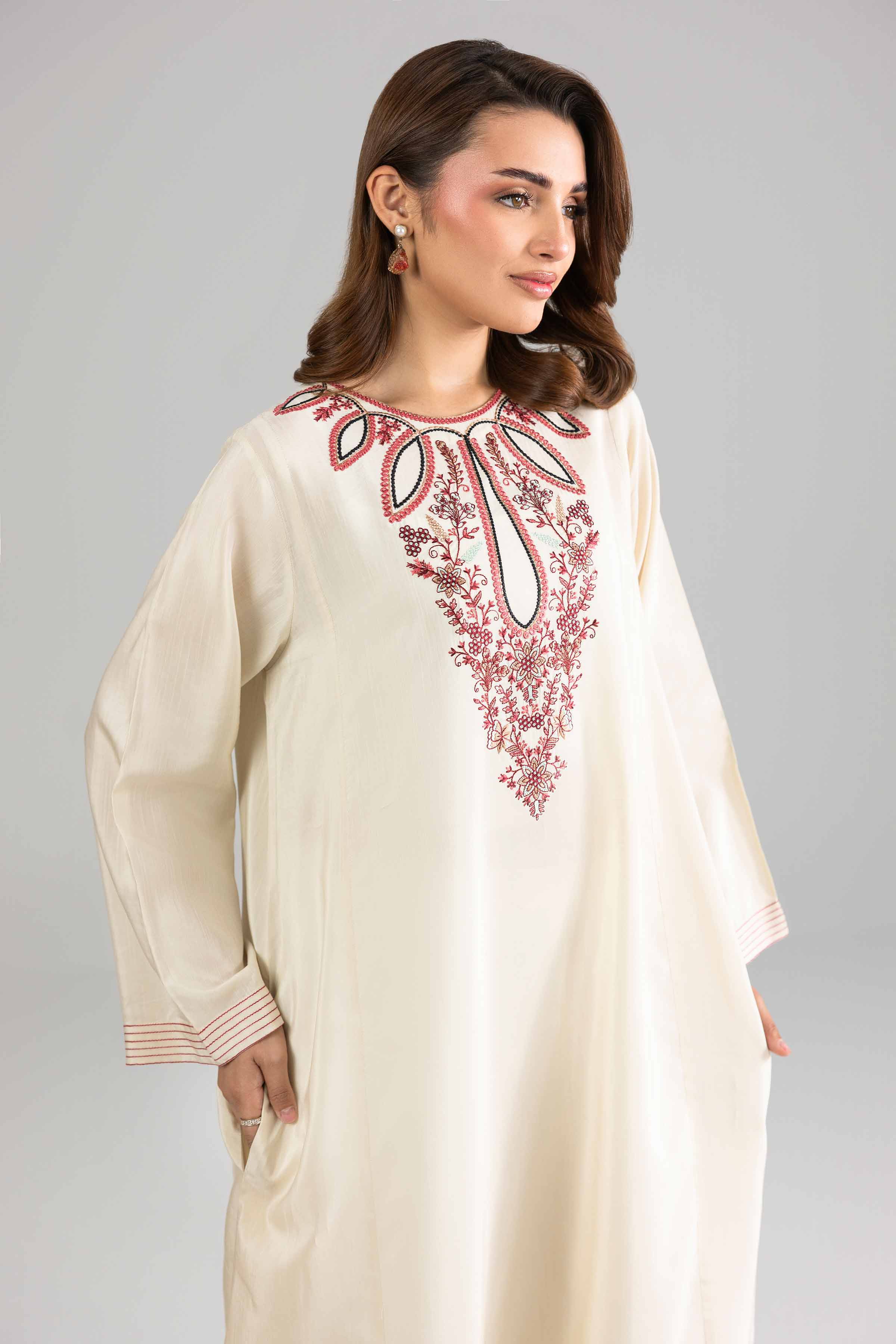 Nishat UK - Off White Embroidered Silk 1-piece ready to wear long dress