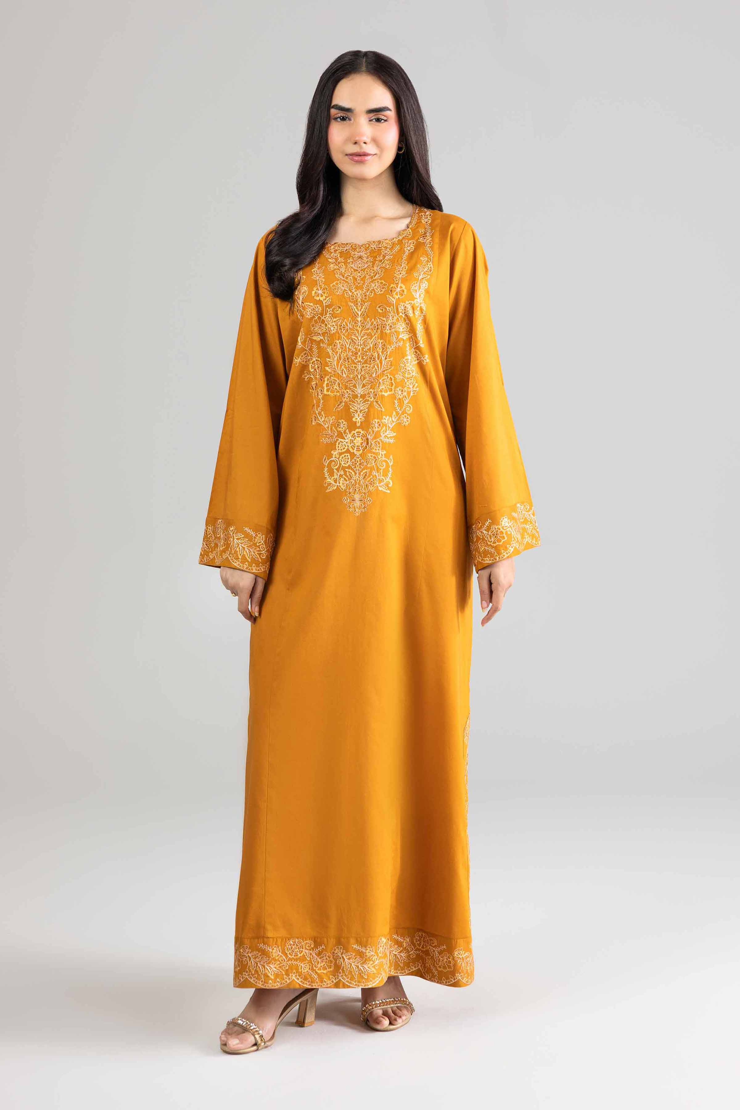 Nishat UK - Yellow Embroidered Cambric 1-piece ready to wear long dress