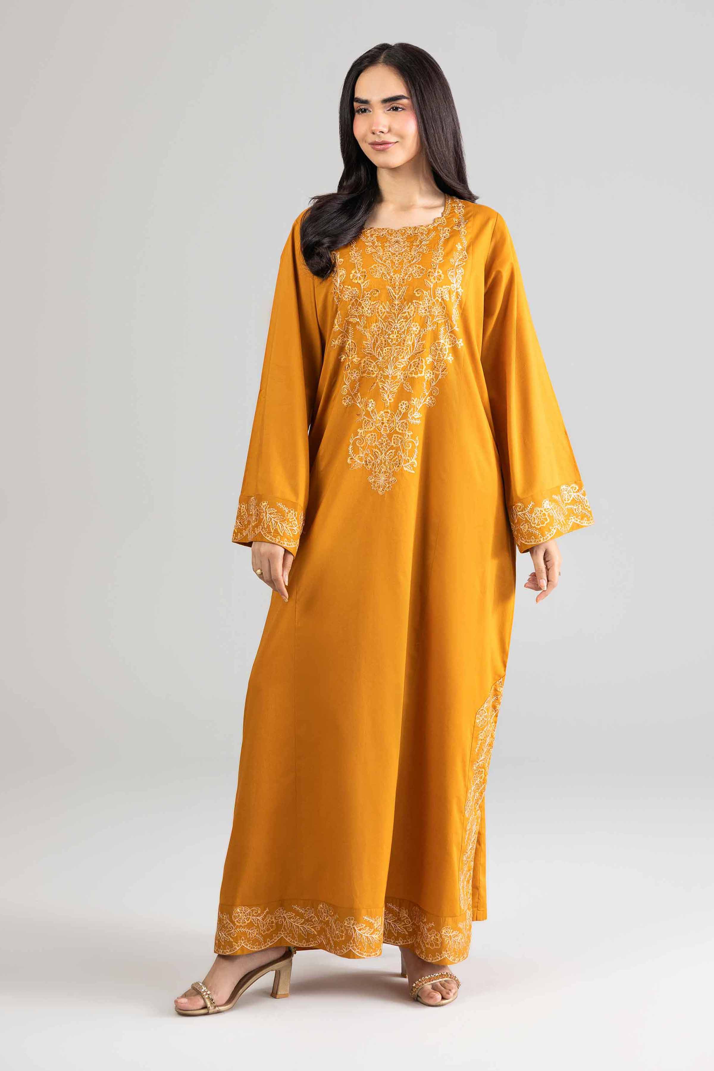 Nishat UK - Yellow Embroidered Cambric 1-piece ready to wear long dress