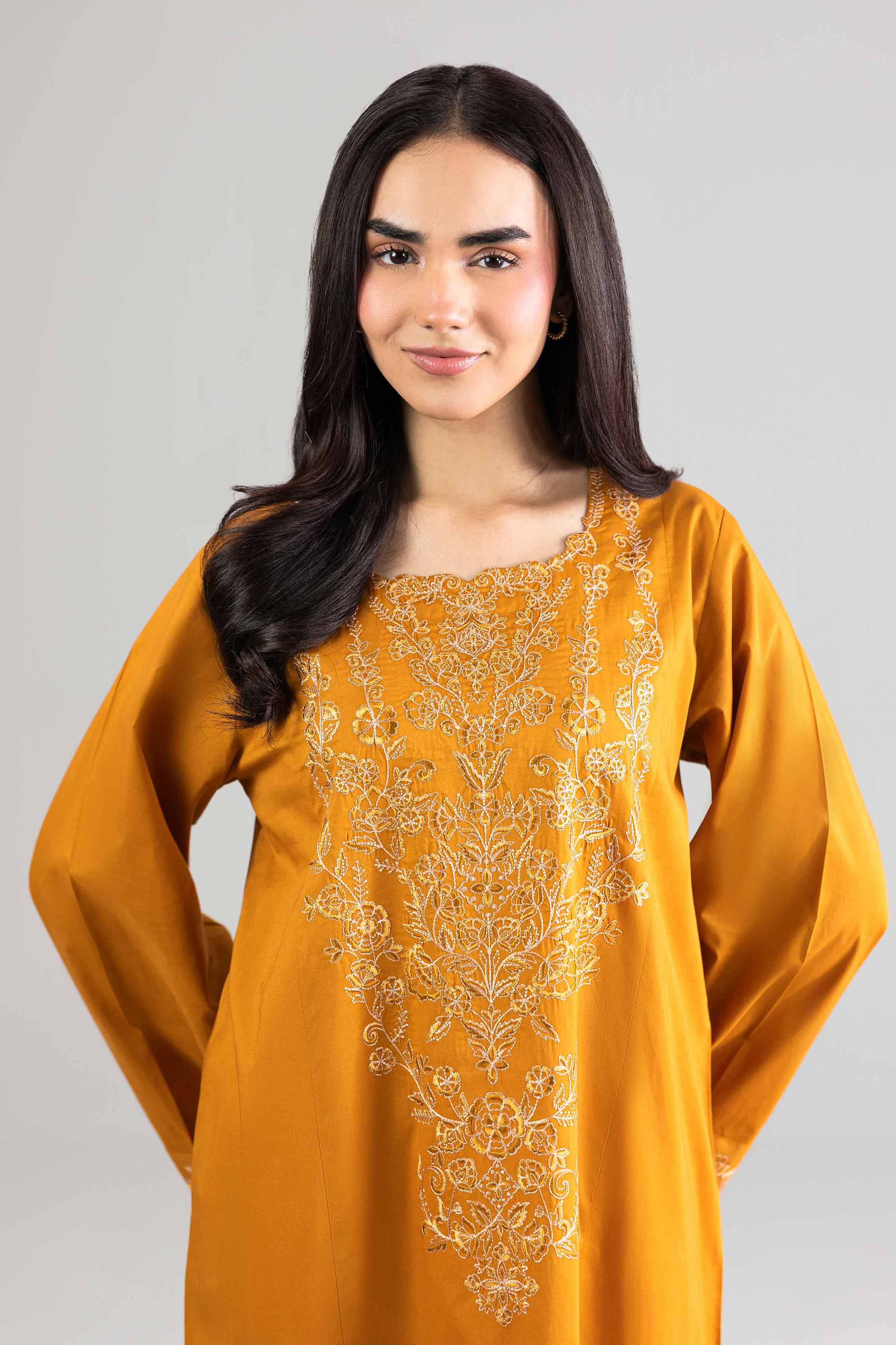 Nishat UK - Yellow Embroidered Cambric 1-piece ready to wear long dress