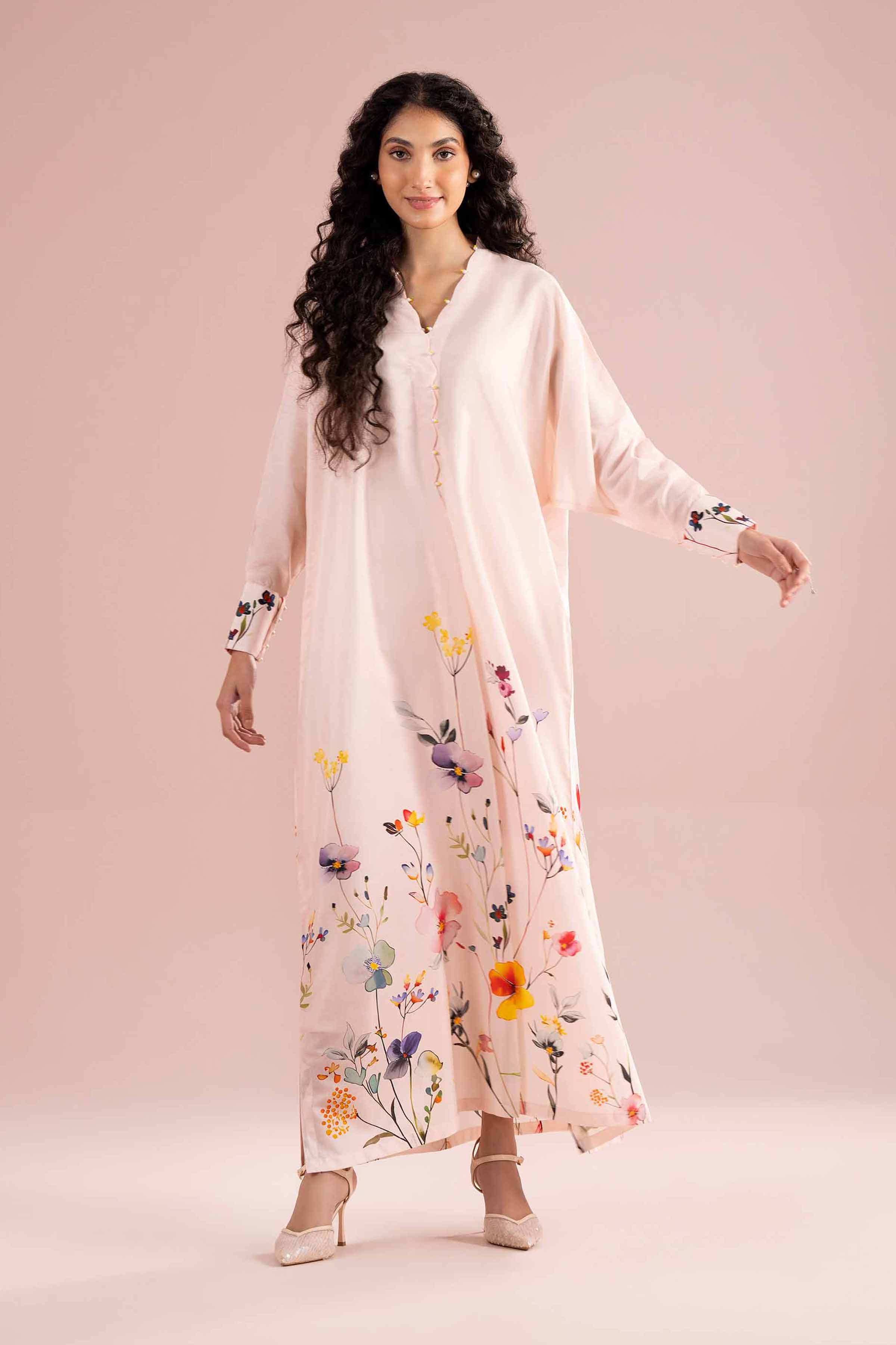Nishat UK - Pink Printed Silk 1 Piece ready to wear luxury long dress