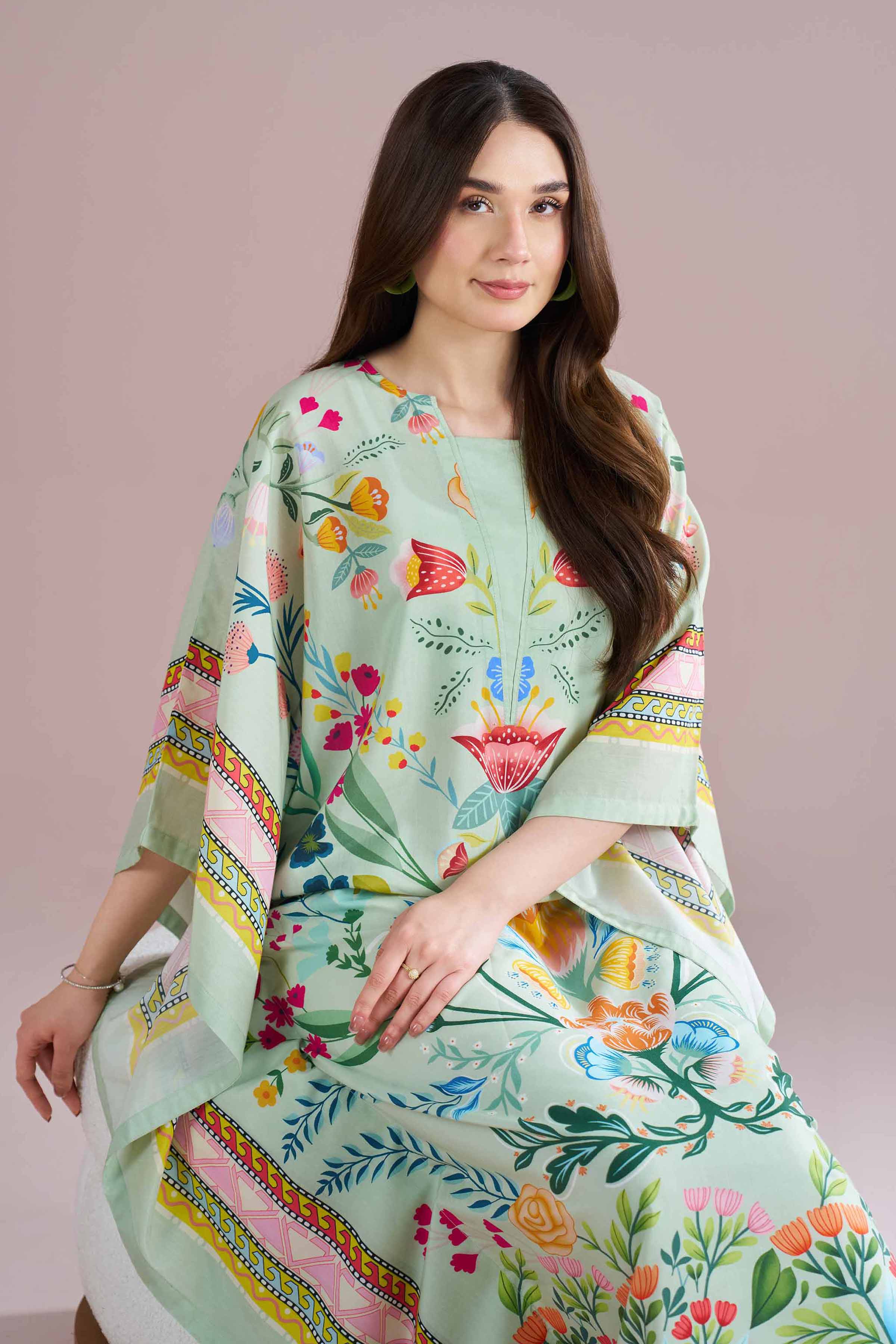 NishatUK - Green Printed Silk 1-piece ready to wear Kaftan