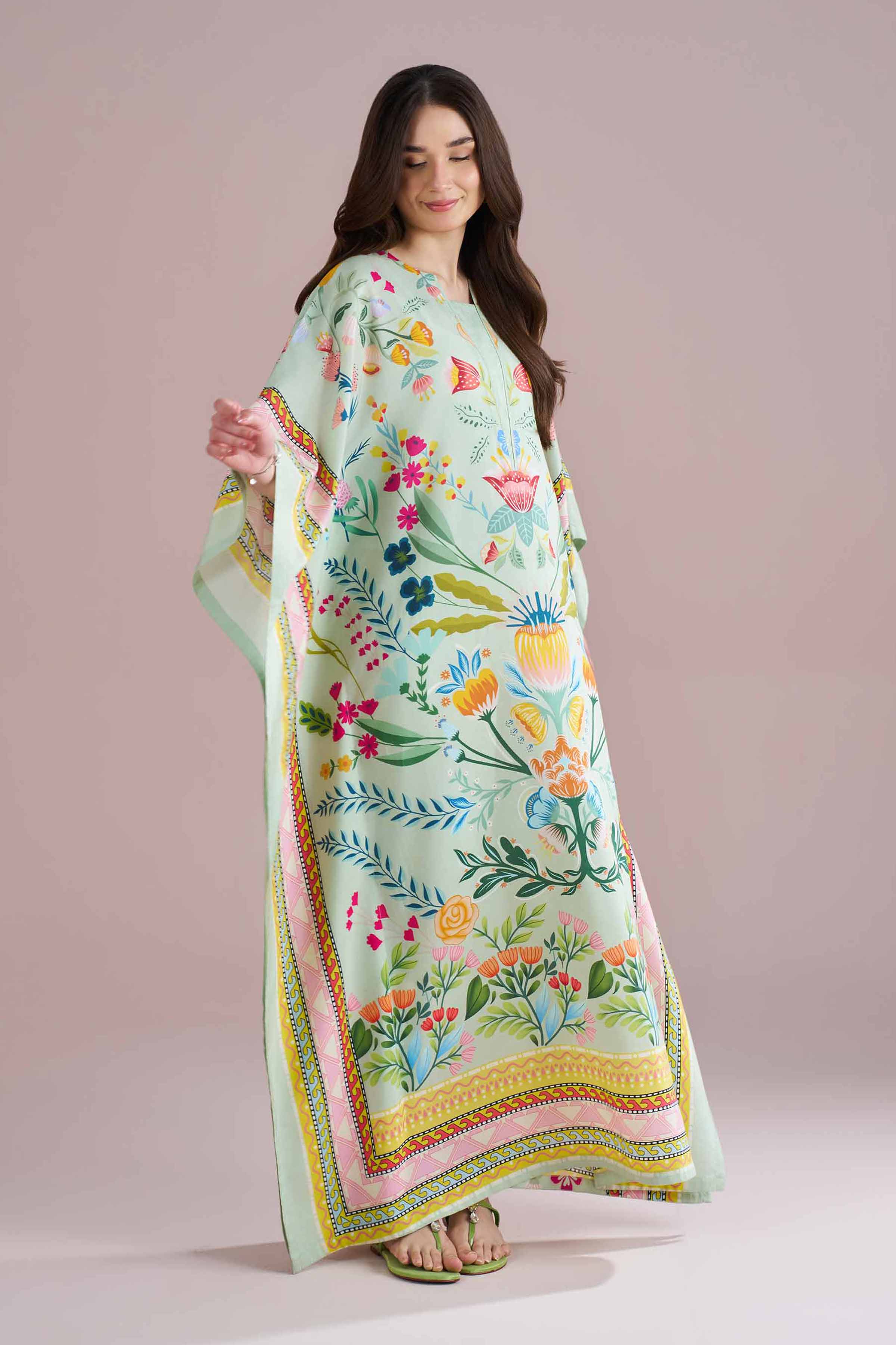 NishatUK - Green Printed Silk 1-piece ready to wear Kaftan
