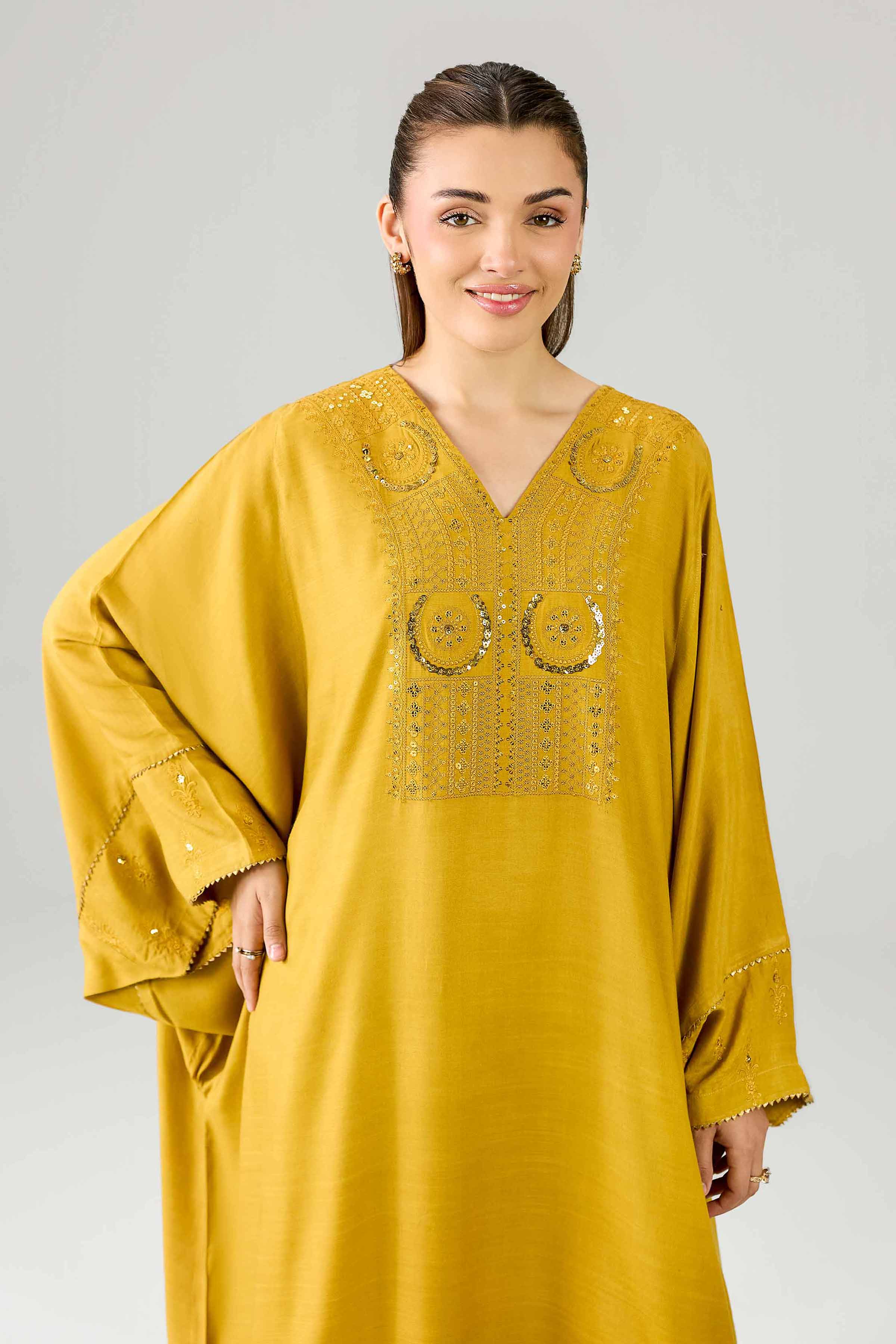 Nishat UK - Yellow Embroidered Silk 1 Piece ready to wear Long Dress
