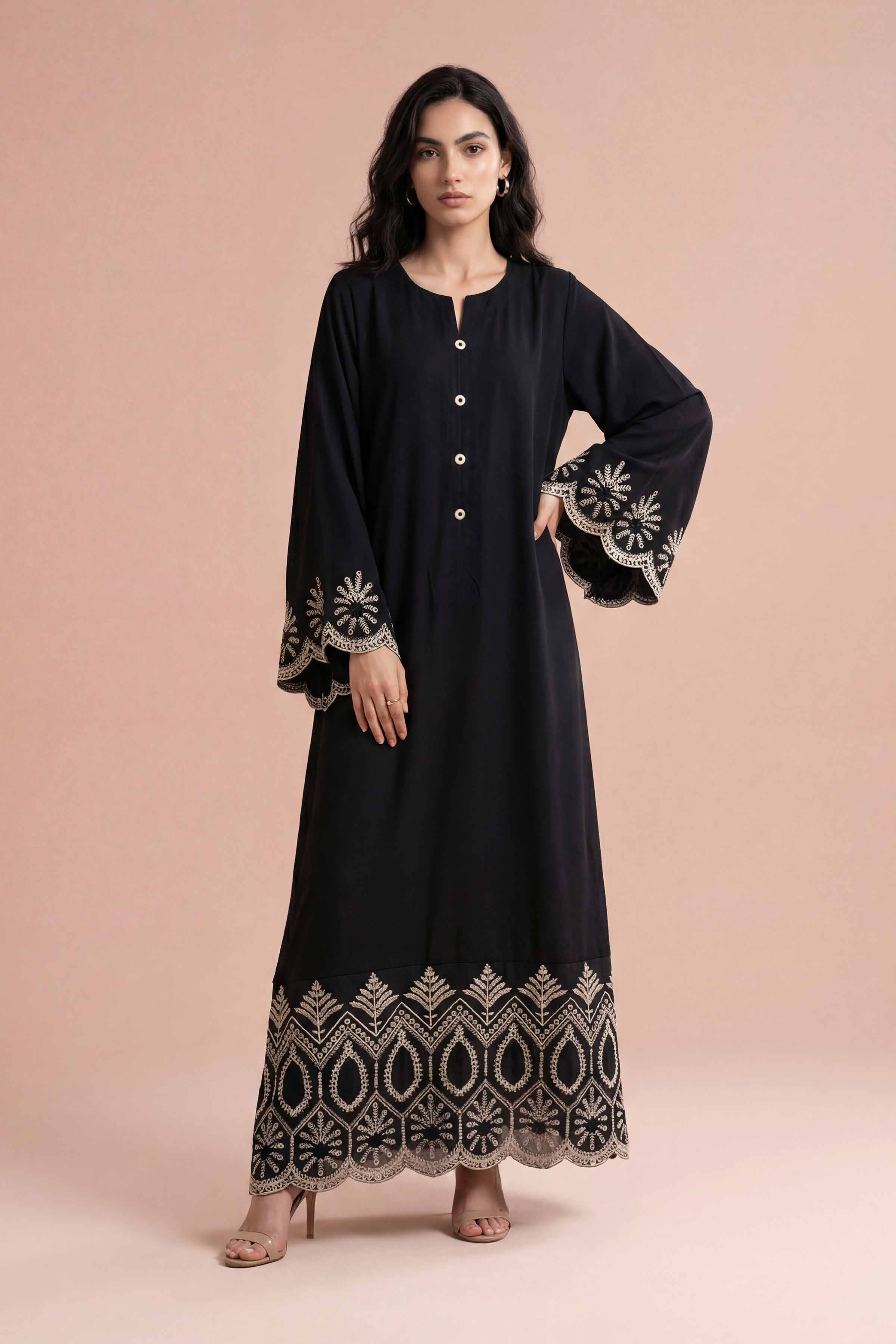 NishatUK - Black Embroidered Fine Crepe 1-piece ready to wear Dress
