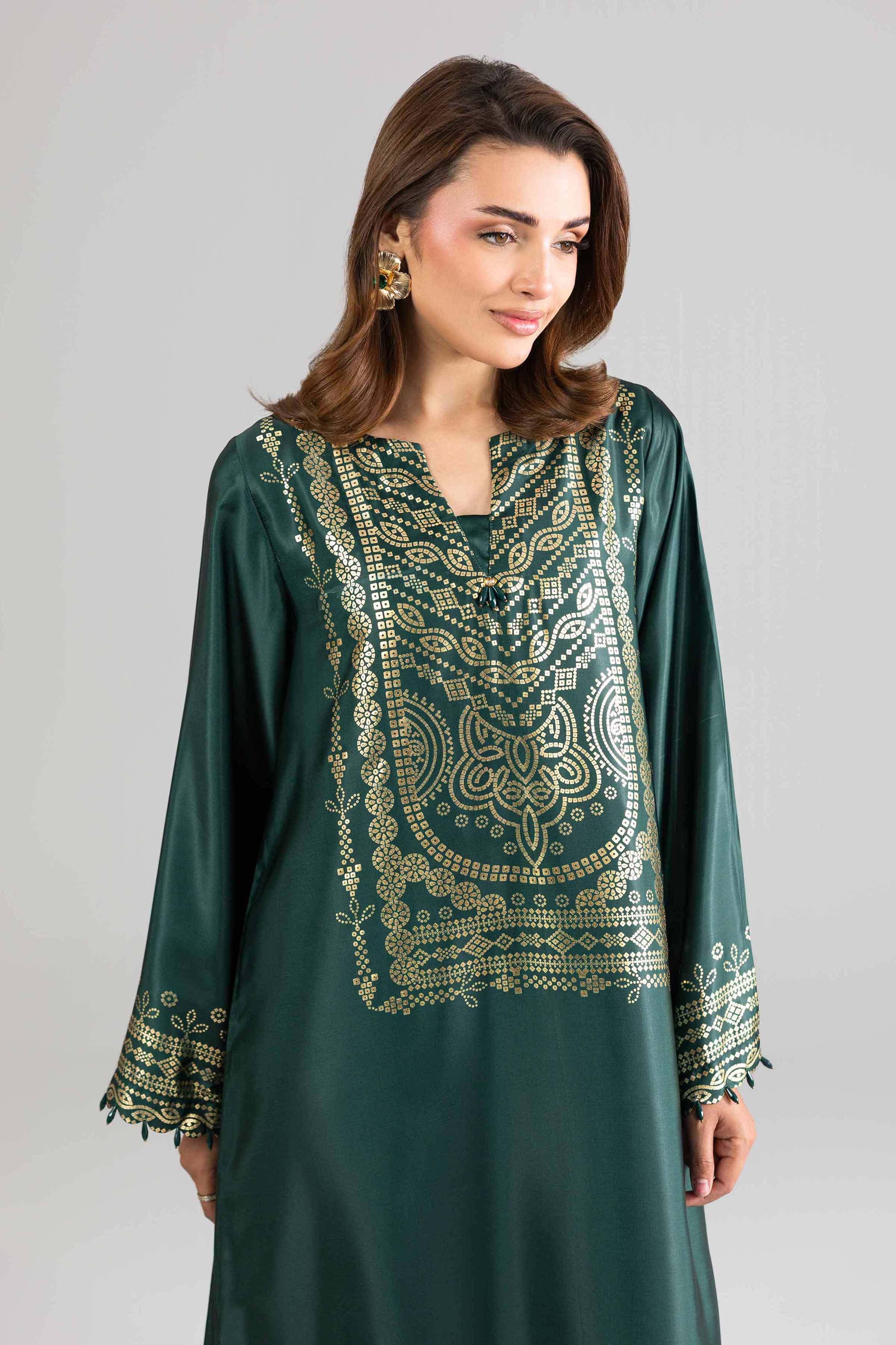 Nishat UK - Green Printed Silk 1-piece ready to wear long dress