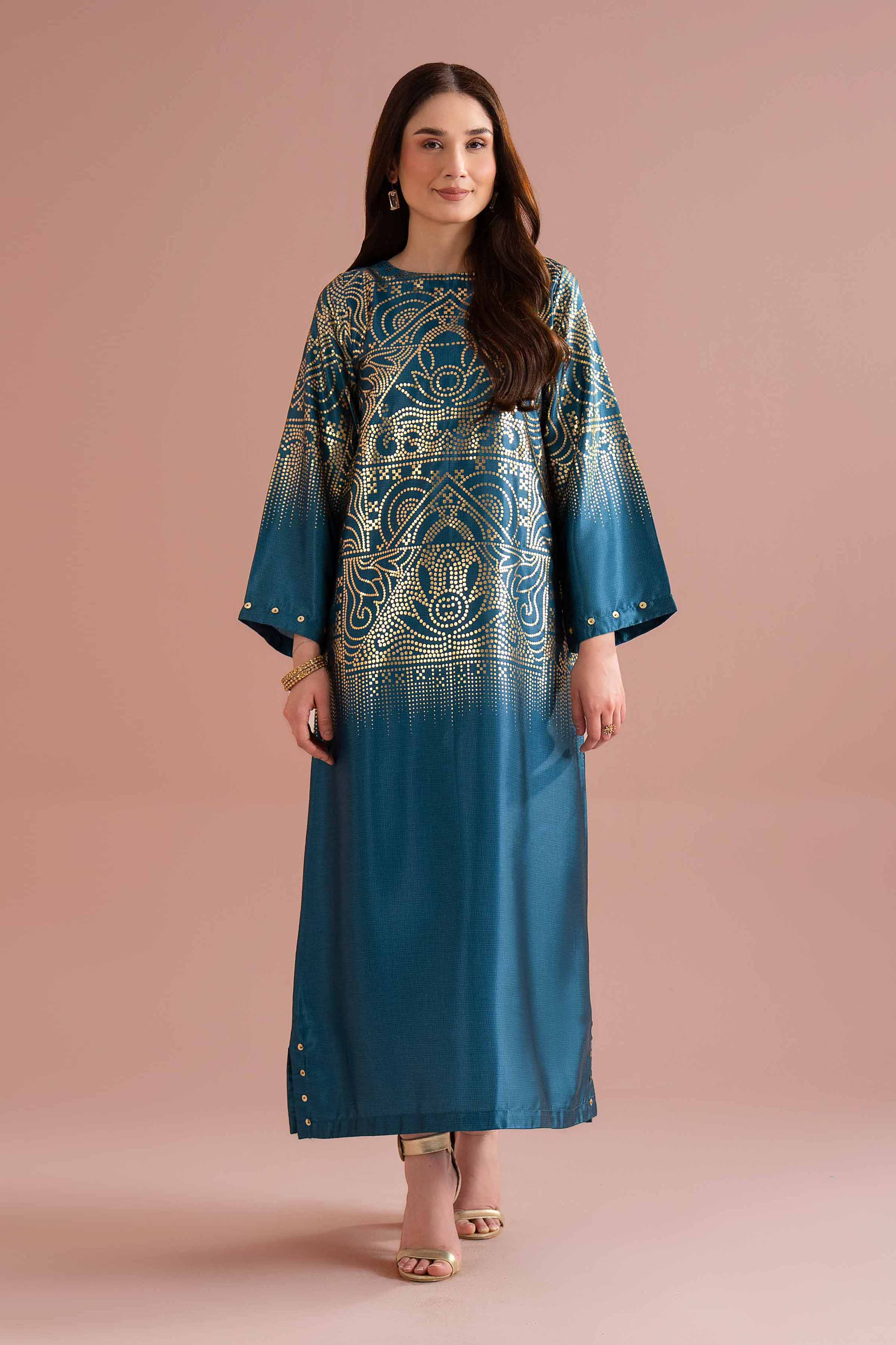 NishatUK - Blue Printed Silk 1-piece ready to wear long dress
