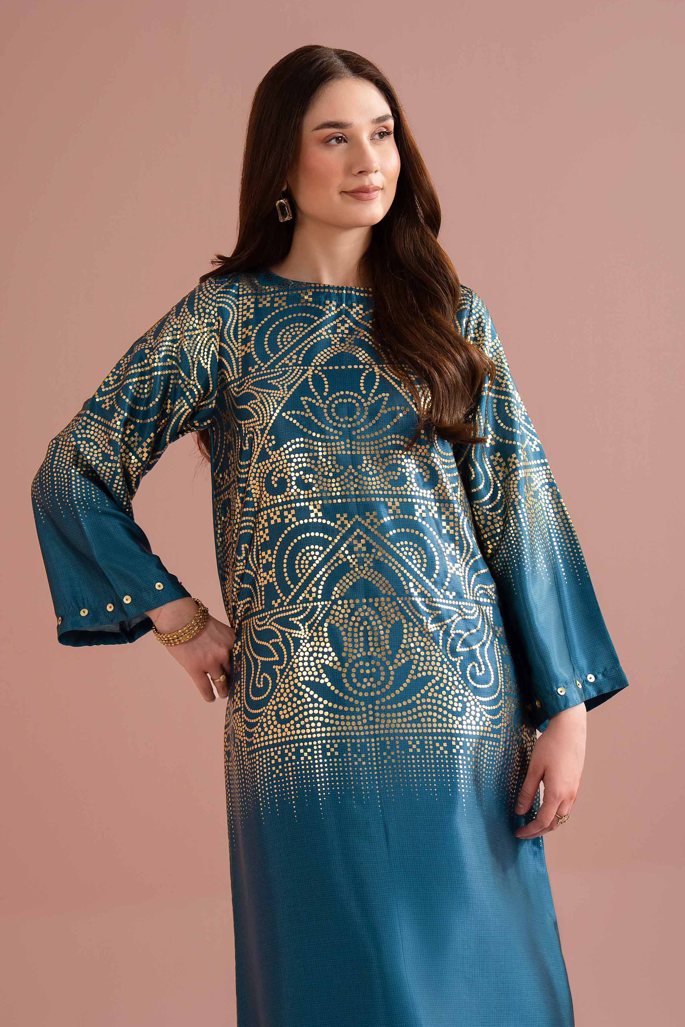 NishatUK - Blue Printed Silk 1-piece ready to wear long dress