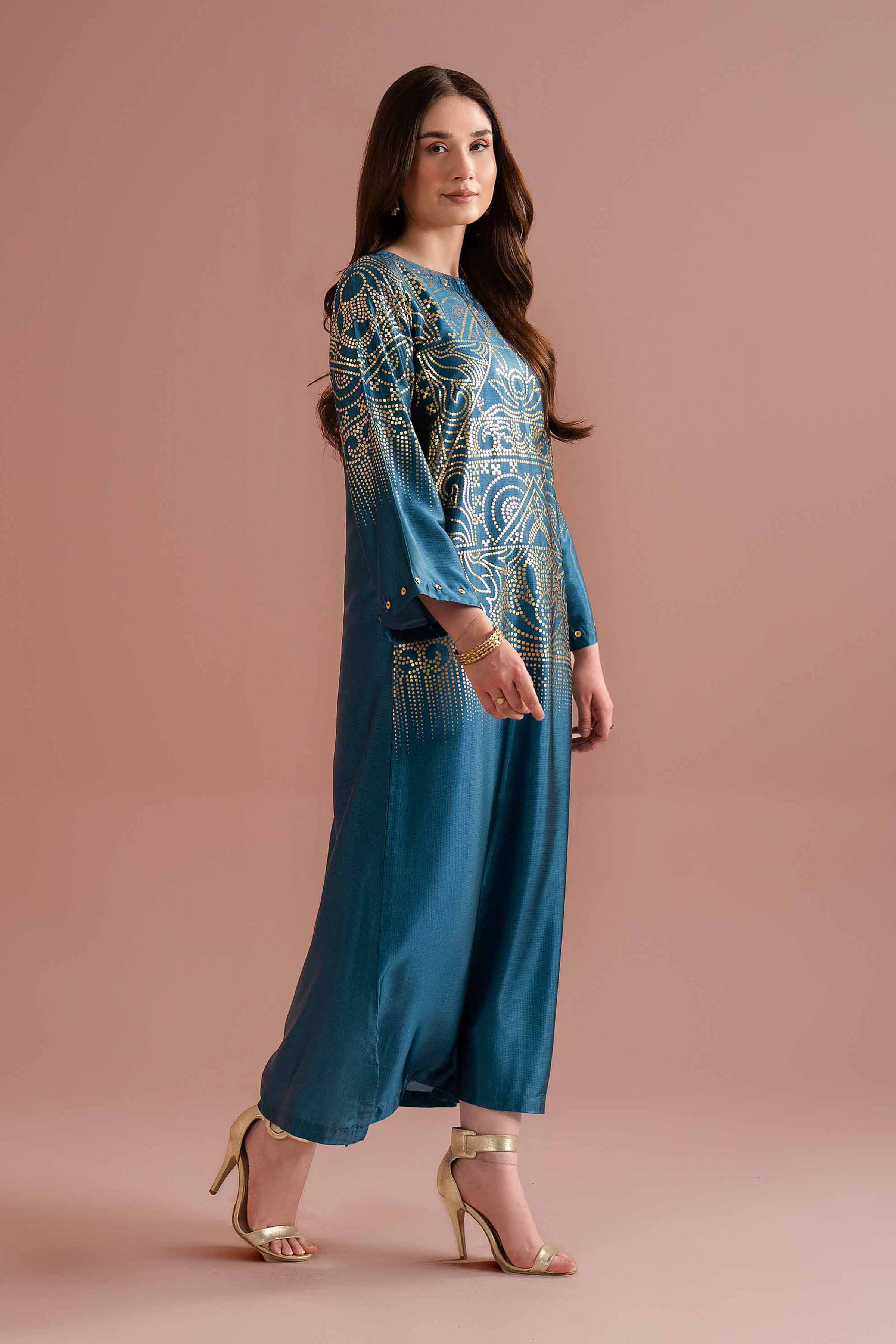 NishatUK - Blue Printed Silk 1-piece ready to wear long dress