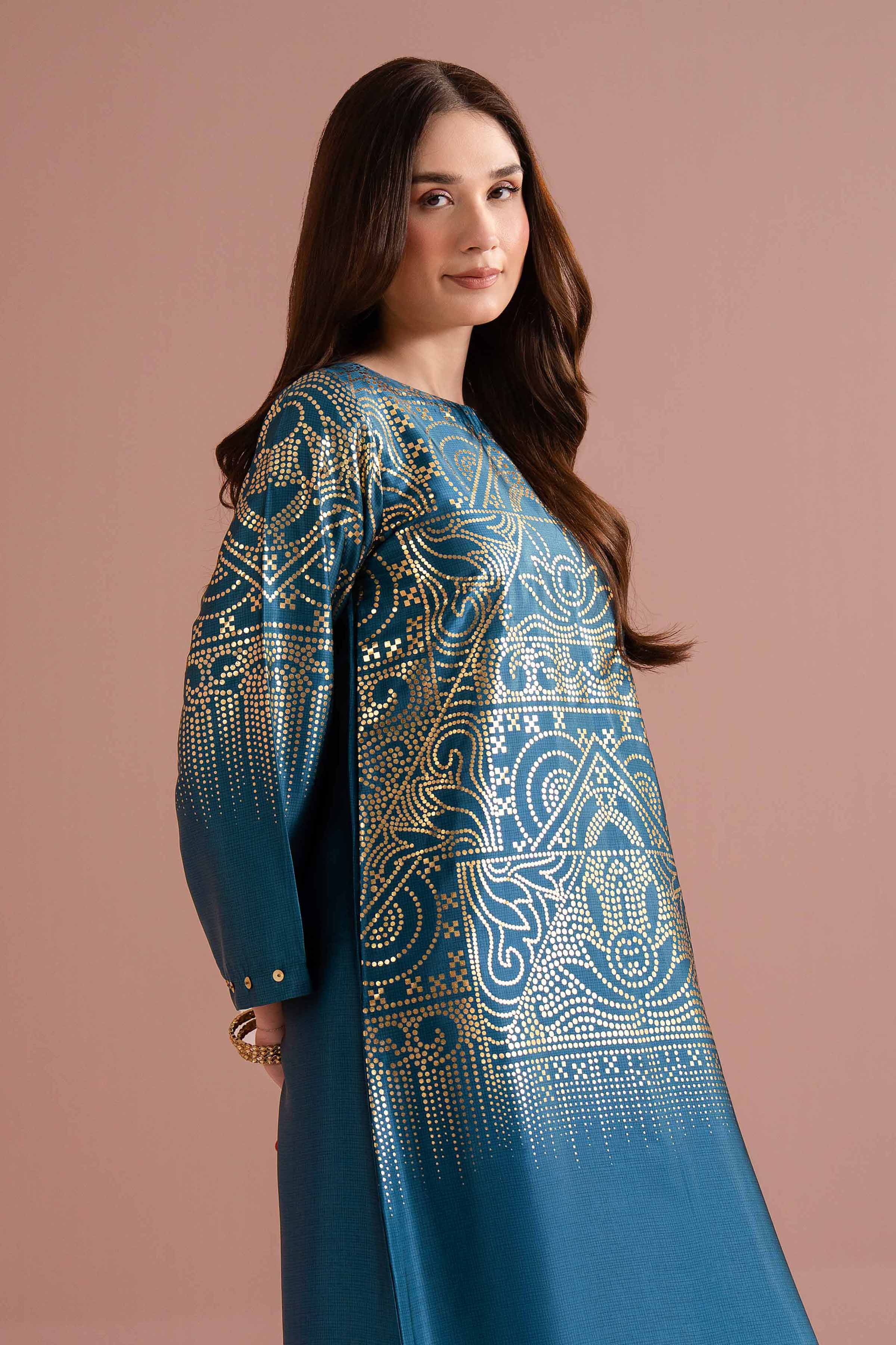 NishatUK - Blue Printed Silk 1-piece ready to wear long dress