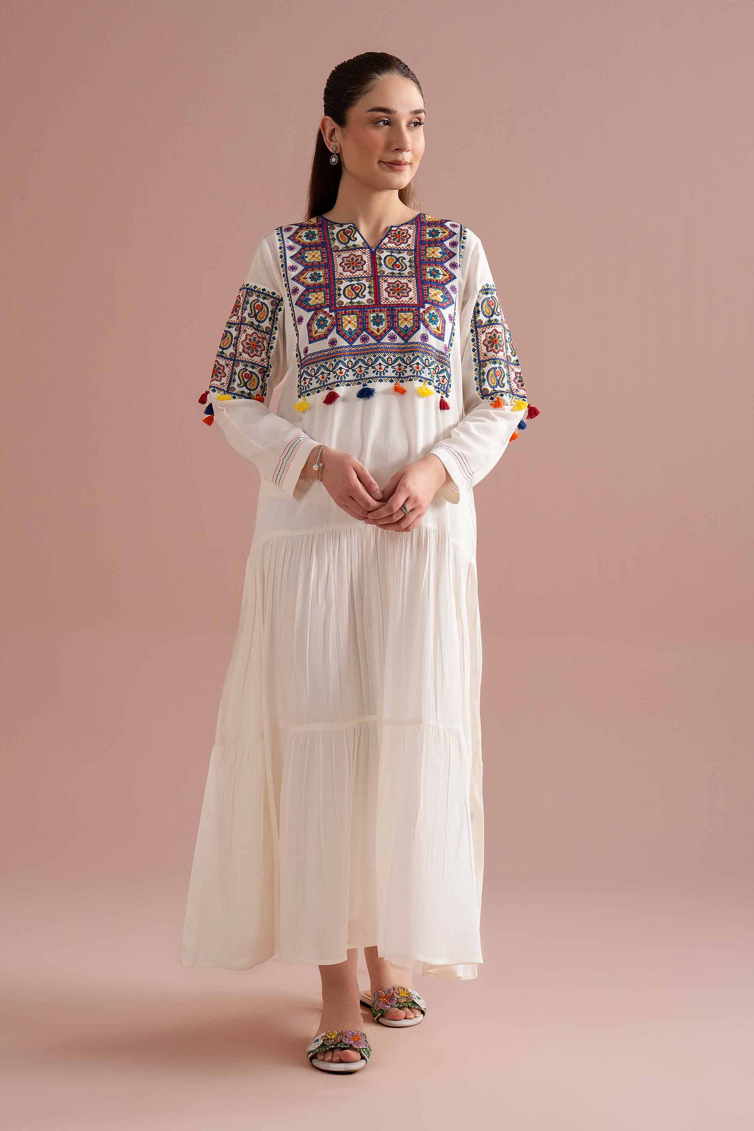 NishatUK - White Embroidered Silk 1-piece ready to wear long dress