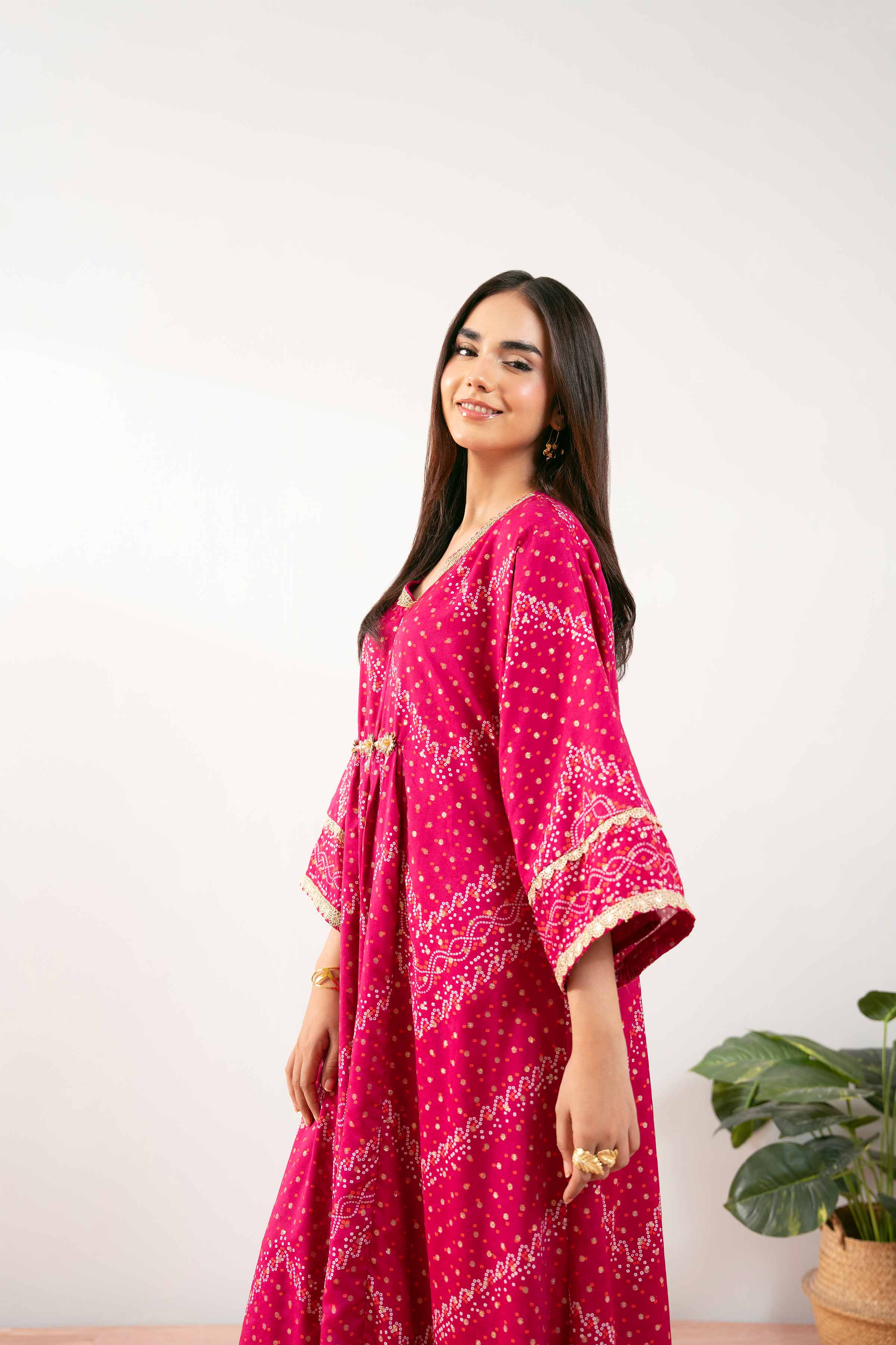 NishatUK - Shocking Pink Printed Monar Gold 1-piece ready to wear Long Dress
