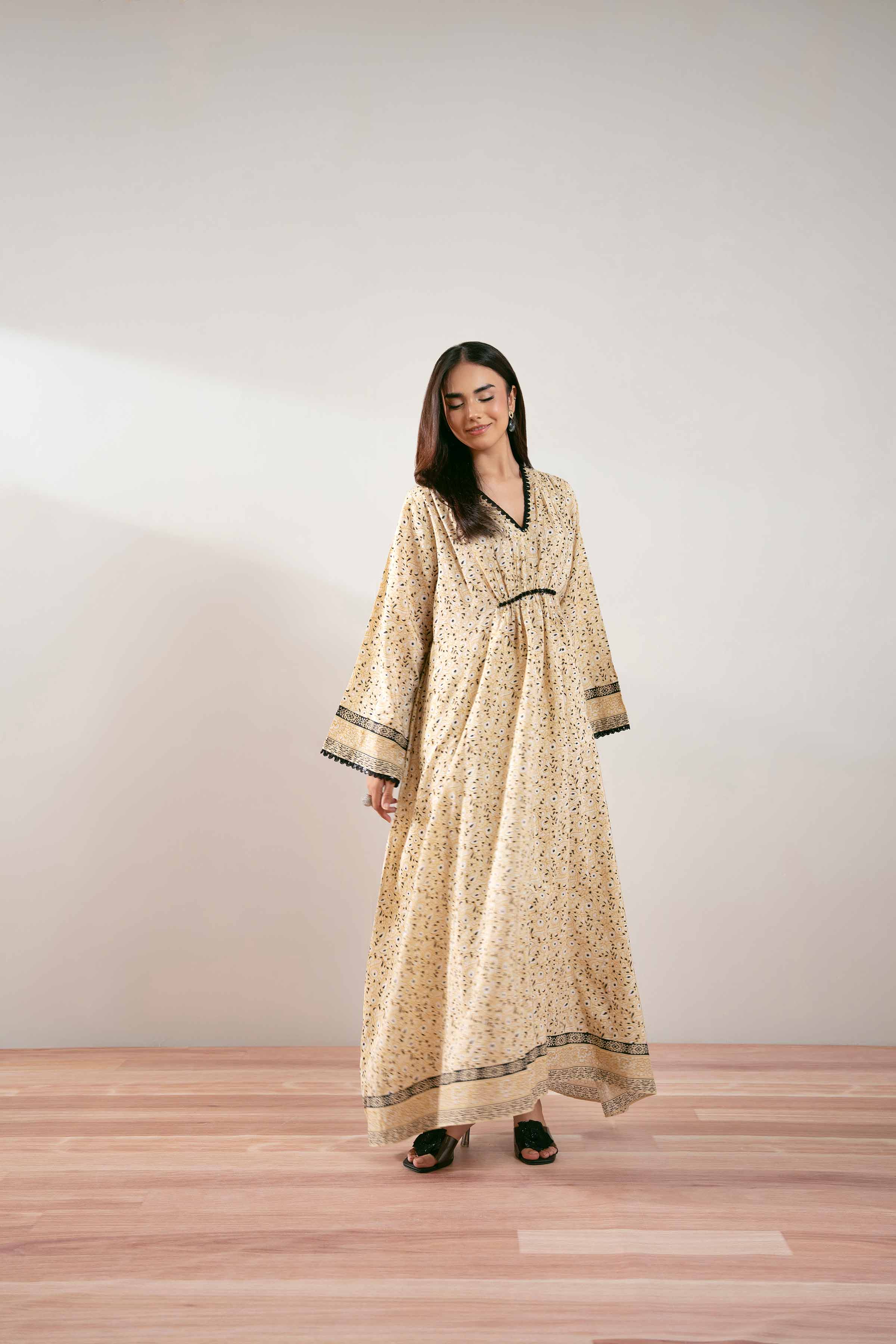 NishatUK - Beige Printed Silk 1-piece ready to wear Long Dress