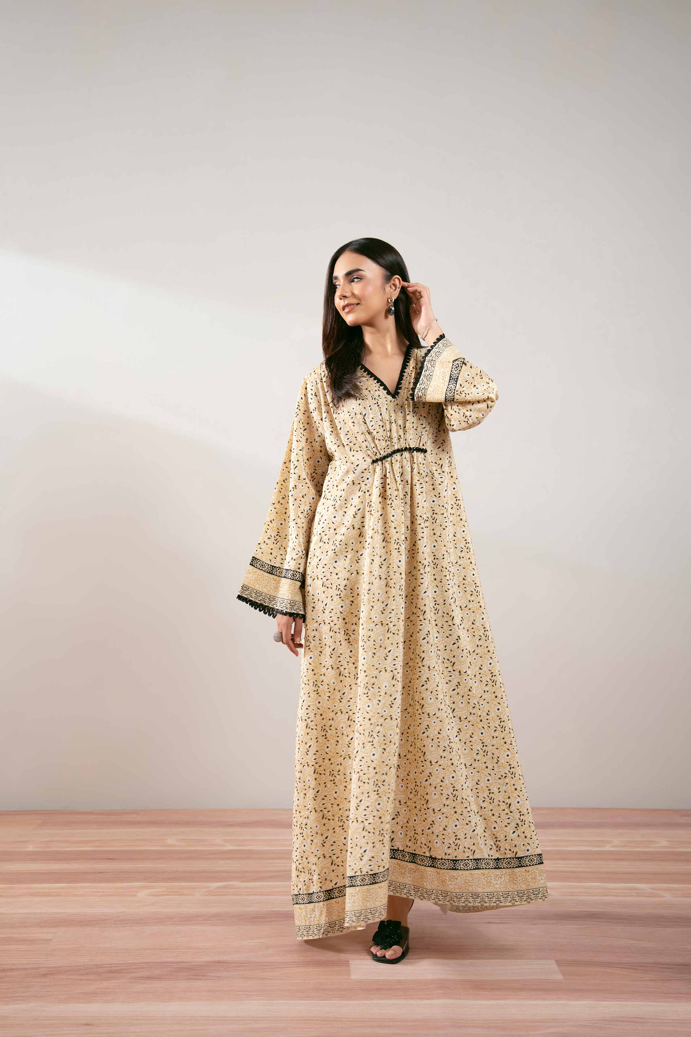 NishatUK - Beige Printed Silk 1-piece ready to wear Long Dress
