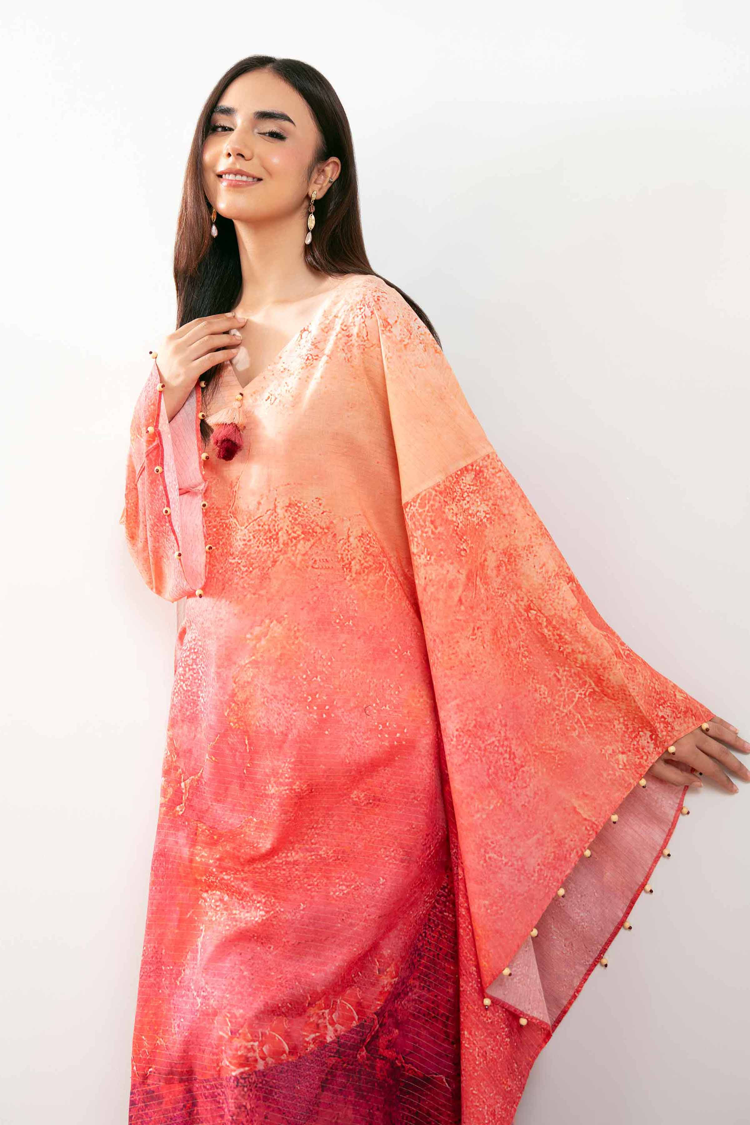 NishatUK - Peach Printed Lawn 1-piece ready to wear Kaftan