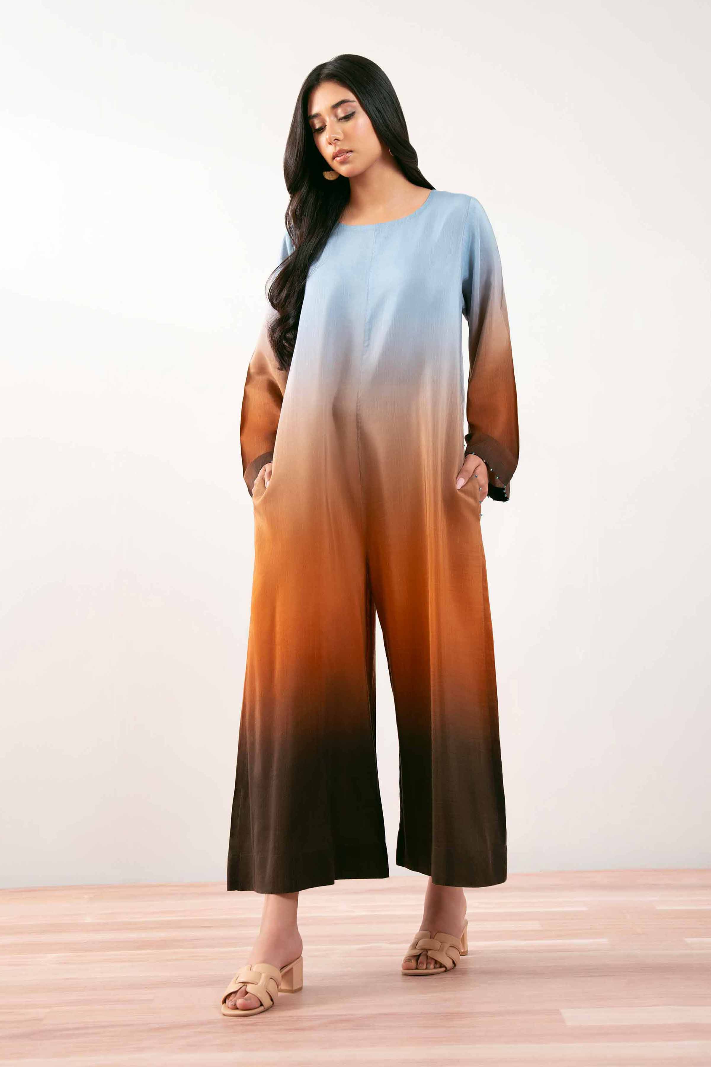 NishatUK - Blue Printed Silk 1-piece ready to wear Long Dress