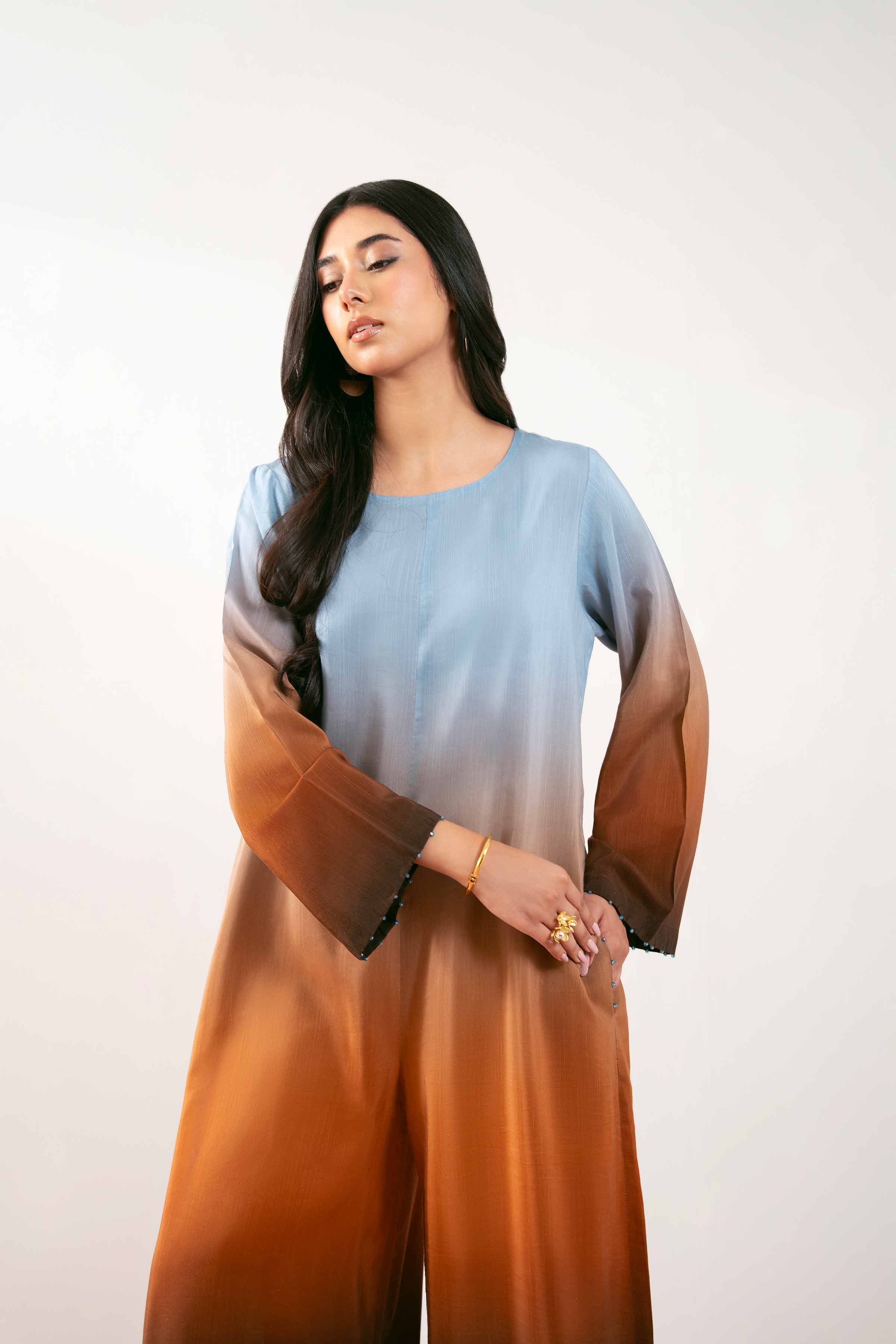 NishatUK - Blue Printed Silk 1-piece ready to wear Long Dress