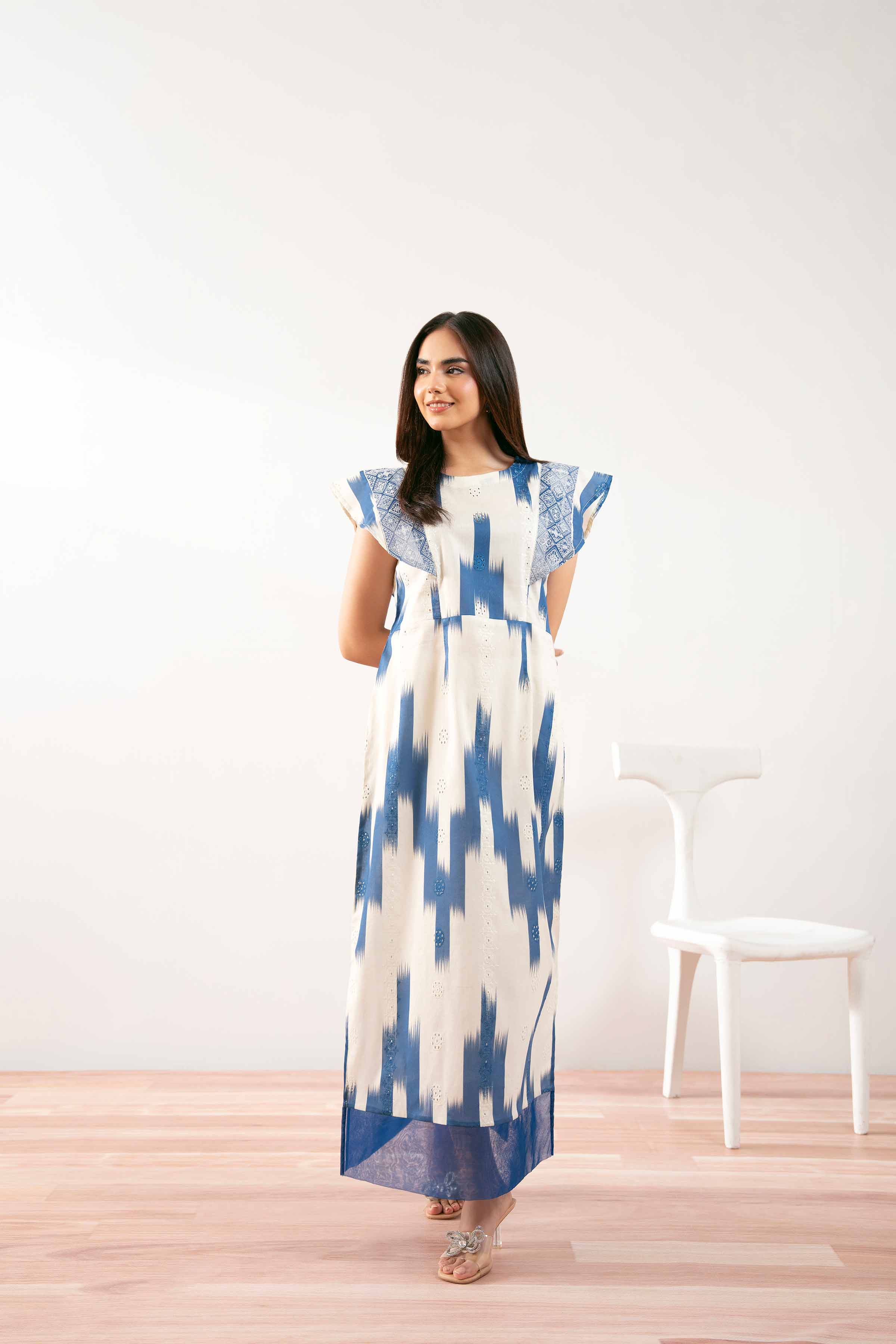 NishatUK - Beige Embroidered  Chicken Kari 1-piece ready to wear Long Dress