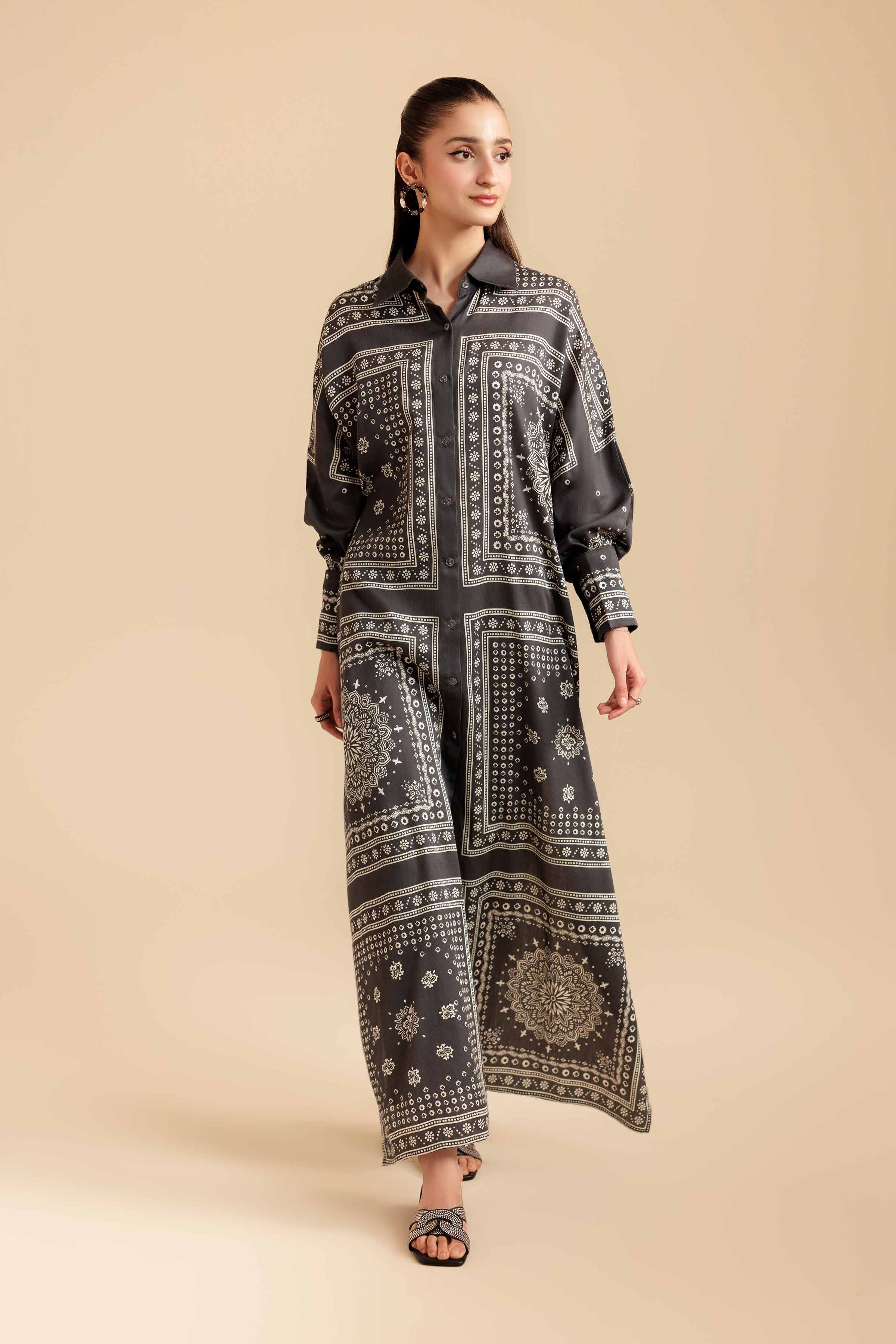 NishatUK - Grey Printed  Satin 1-piece ready to wear Long Dress